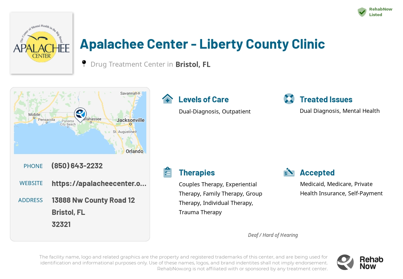 Helpful reference information for Apalachee Center - Liberty County Clinic, a drug treatment center in Florida located at: 13888 Nw County Road 12, Bristol, FL, 32321, including phone numbers, official website, and more. Listed briefly is an overview of Levels of Care, Therapies Offered, Issues Treated, and accepted forms of Payment Methods.