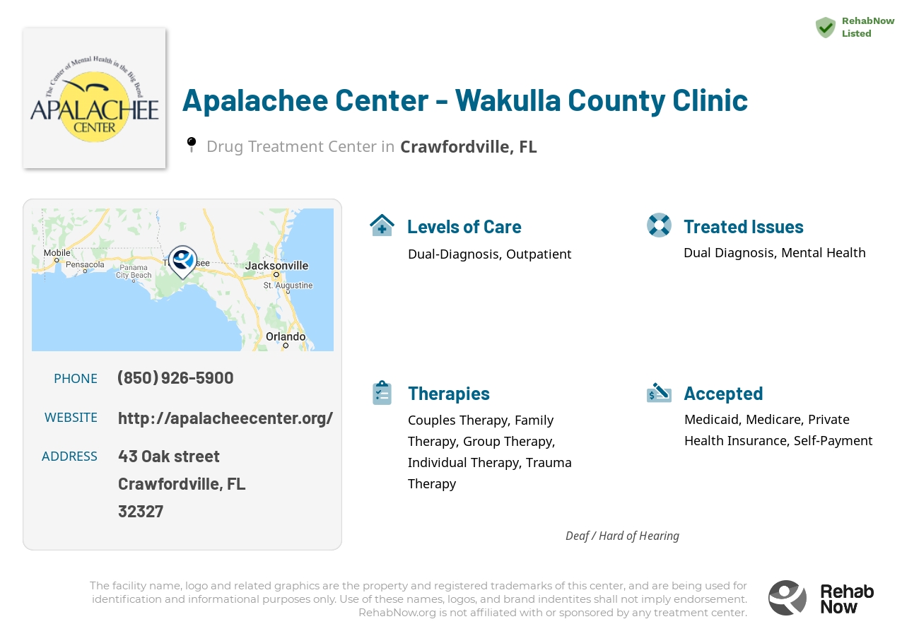 Helpful reference information for Apalachee Center - Wakulla County Clinic, a drug treatment center in Florida located at: 43 Oak street, Crawfordville, FL, 32327, including phone numbers, official website, and more. Listed briefly is an overview of Levels of Care, Therapies Offered, Issues Treated, and accepted forms of Payment Methods.