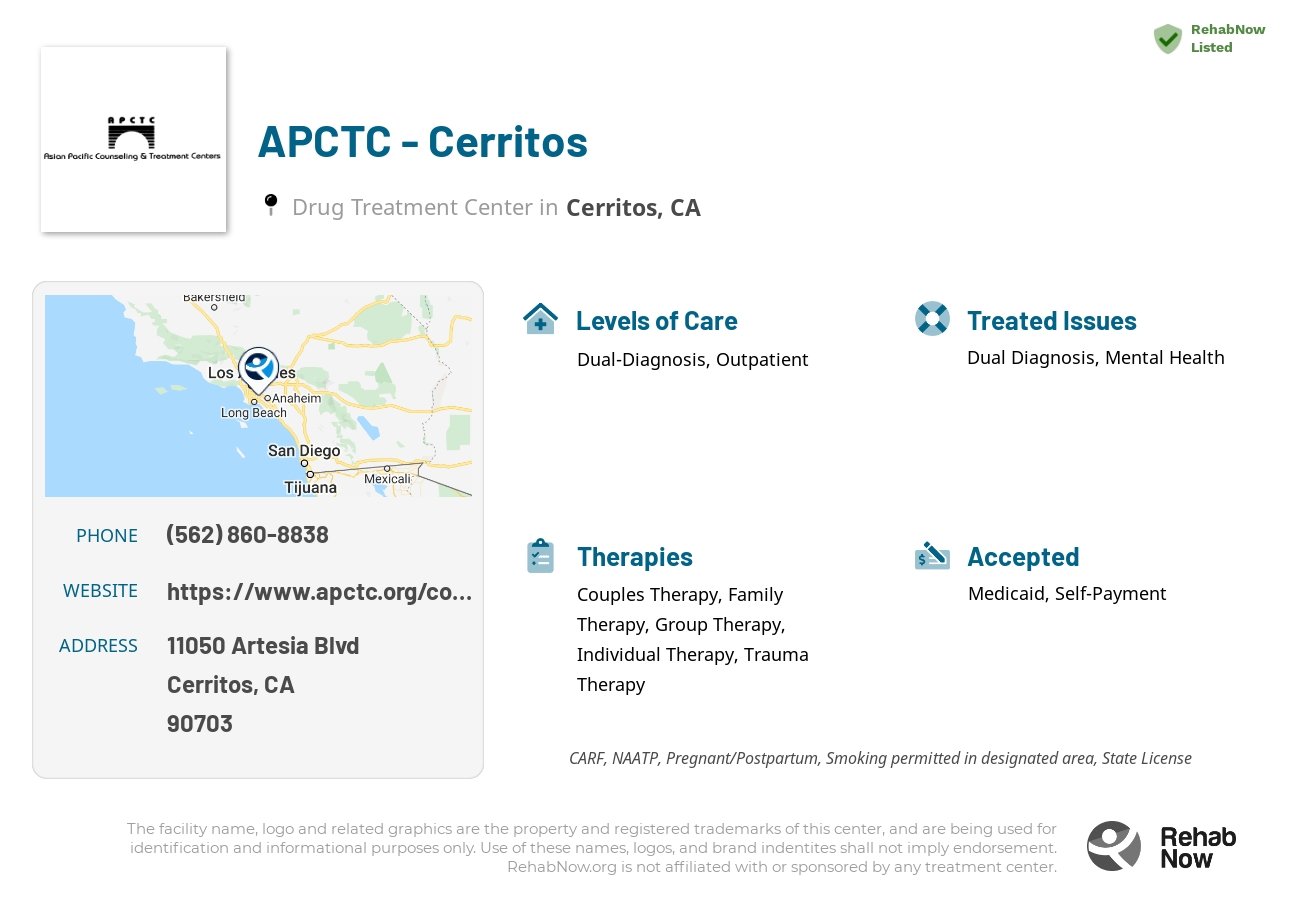 Helpful reference information for APCTC - Cerritos, a drug treatment center in California located at: 11050 Artesia Blvd, Cerritos, CA 90703, including phone numbers, official website, and more. Listed briefly is an overview of Levels of Care, Therapies Offered, Issues Treated, and accepted forms of Payment Methods.