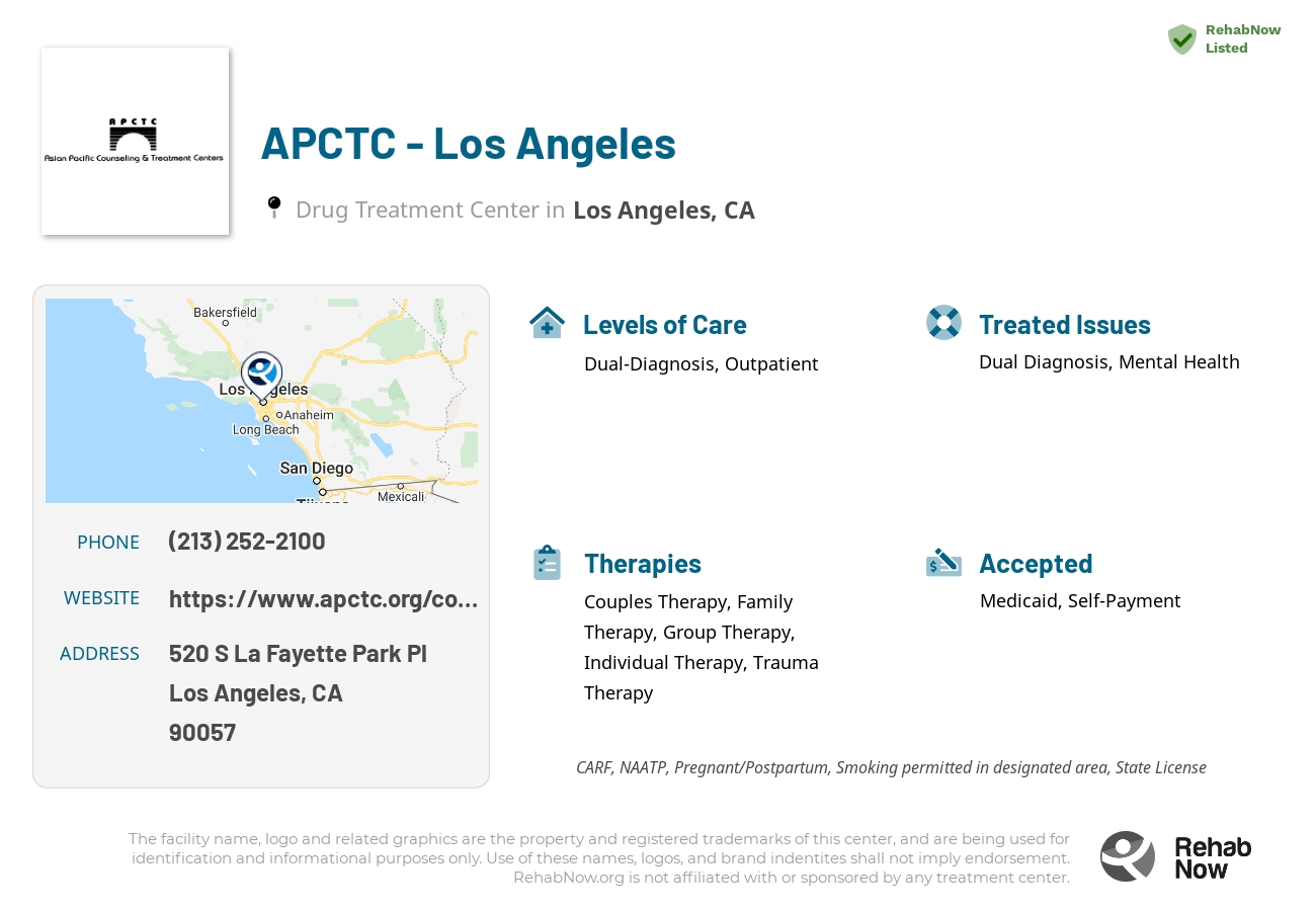 Helpful reference information for APCTC - Los Angeles, a drug treatment center in California located at: 520 S La Fayette Park Pl, Los Angeles, CA 90057, including phone numbers, official website, and more. Listed briefly is an overview of Levels of Care, Therapies Offered, Issues Treated, and accepted forms of Payment Methods.