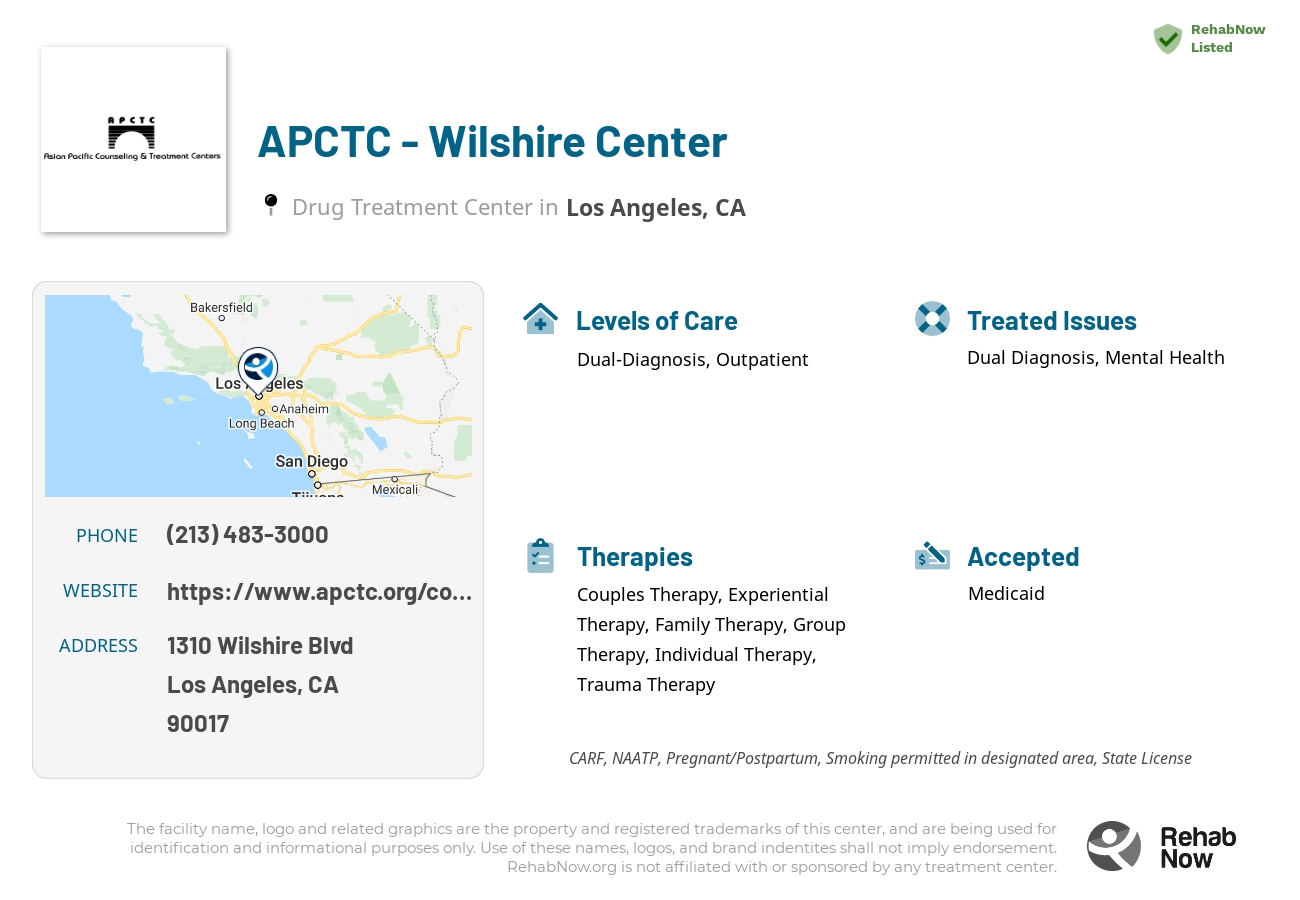 Helpful reference information for APCTC - Wilshire Center, a drug treatment center in California located at: 1310 Wilshire Blvd, Los Angeles, CA 90017, including phone numbers, official website, and more. Listed briefly is an overview of Levels of Care, Therapies Offered, Issues Treated, and accepted forms of Payment Methods.