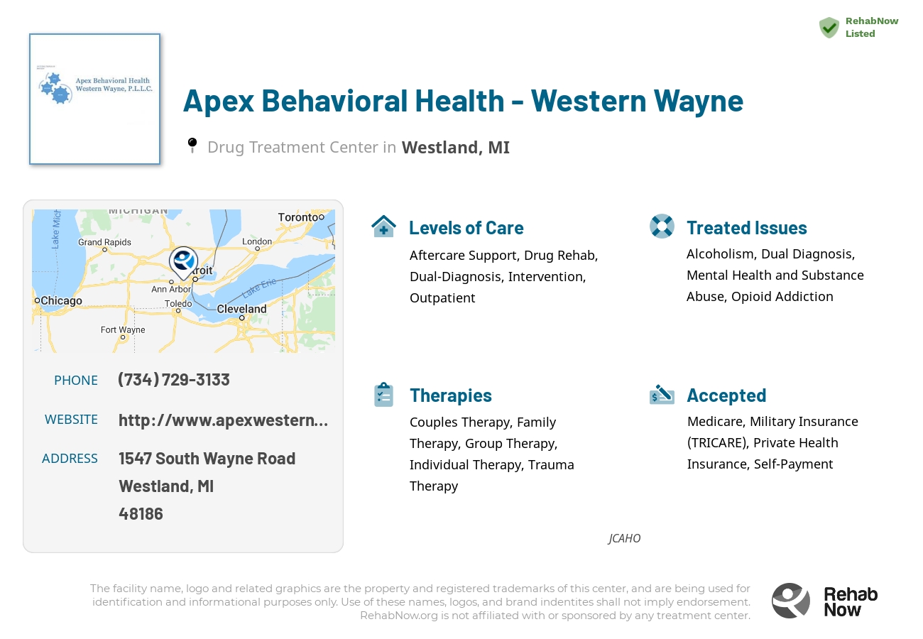 Helpful reference information for Apex Behavioral Health - Western Wayne, a drug treatment center in Michigan located at: 1547 South Wayne Road, Westland, MI, 48186, including phone numbers, official website, and more. Listed briefly is an overview of Levels of Care, Therapies Offered, Issues Treated, and accepted forms of Payment Methods.