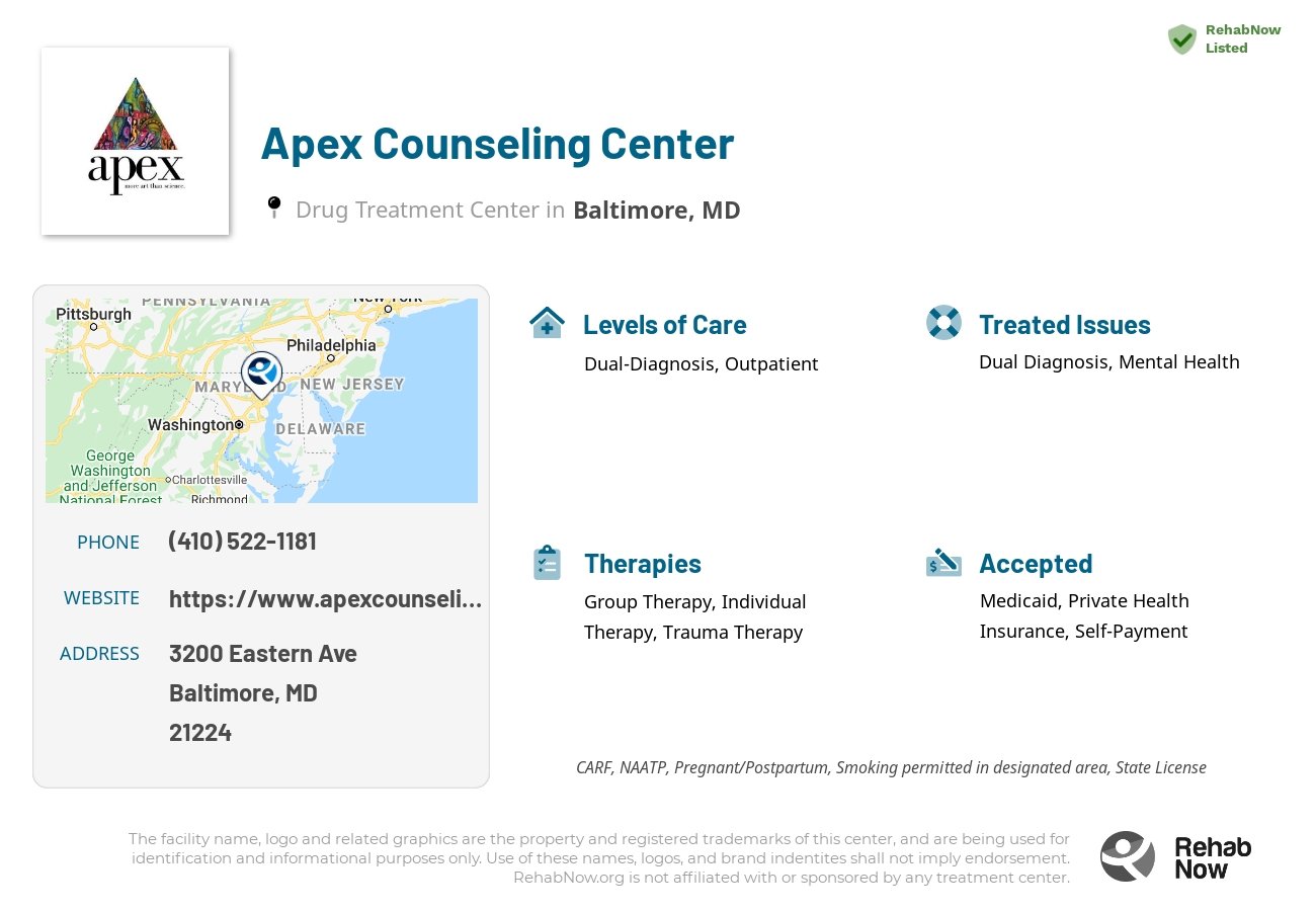 Helpful reference information for Apex Counseling Center, a drug treatment center in Maryland located at: 3200 Eastern Ave, Baltimore, MD 21224, including phone numbers, official website, and more. Listed briefly is an overview of Levels of Care, Therapies Offered, Issues Treated, and accepted forms of Payment Methods.