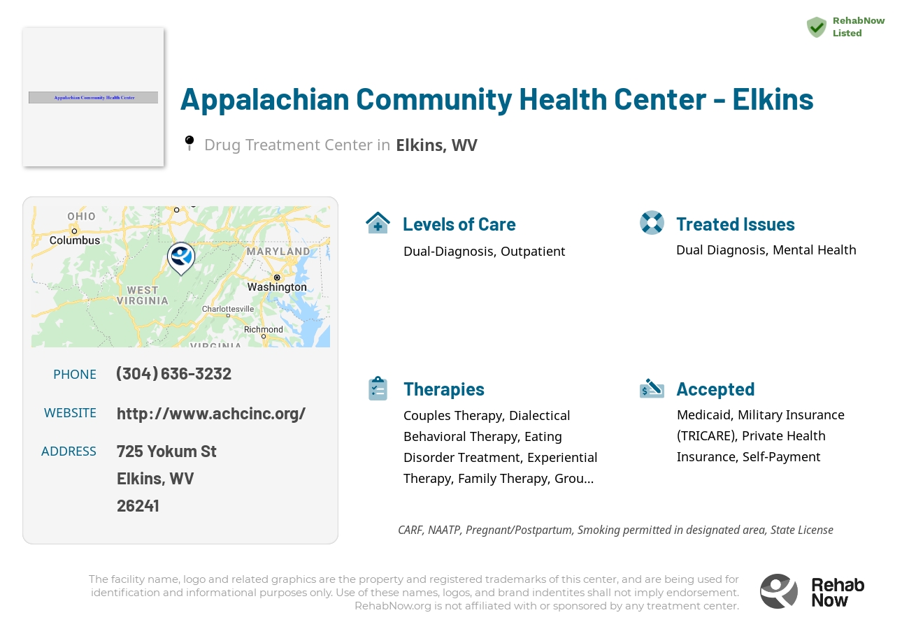 Helpful reference information for Appalachian Community Health Center - Elkins, a drug treatment center in West Virginia located at: 725 Yokum St, Elkins, WV 26241, including phone numbers, official website, and more. Listed briefly is an overview of Levels of Care, Therapies Offered, Issues Treated, and accepted forms of Payment Methods.