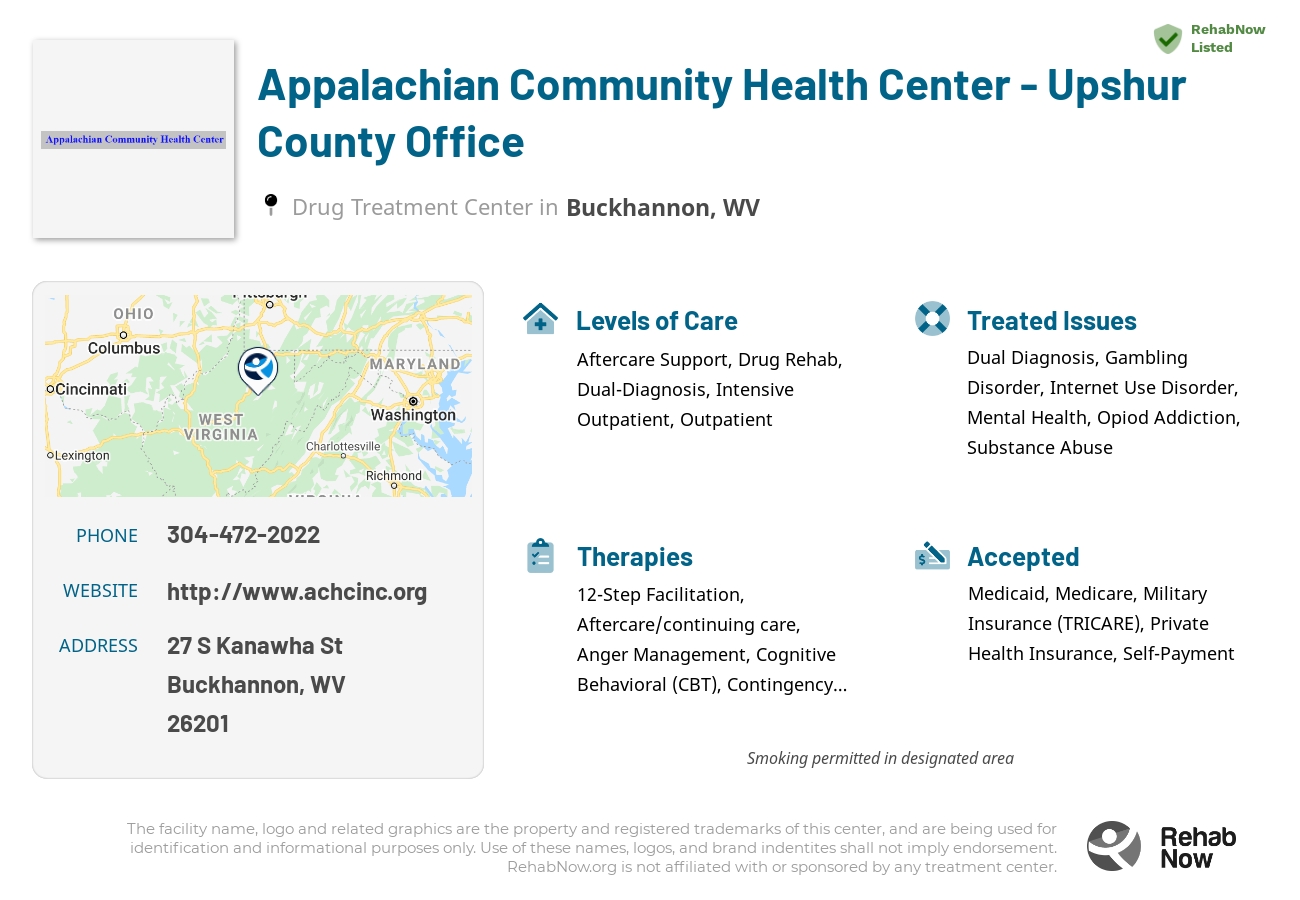 Helpful reference information for Appalachian Community Health Center - Upshur County Office, a drug treatment center in West Virginia located at: 27 S Kanawha St, Buckhannon, WV 26201, including phone numbers, official website, and more. Listed briefly is an overview of Levels of Care, Therapies Offered, Issues Treated, and accepted forms of Payment Methods.