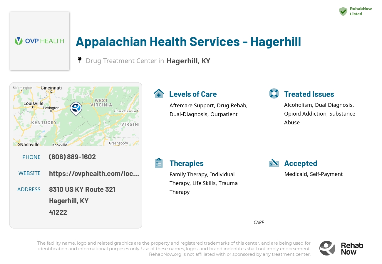 Helpful reference information for Appalachian Health Services - Hagerhill, a drug treatment center in Kentucky located at: 8310 US KY Route 321, Hagerhill, KY, 41222, including phone numbers, official website, and more. Listed briefly is an overview of Levels of Care, Therapies Offered, Issues Treated, and accepted forms of Payment Methods.