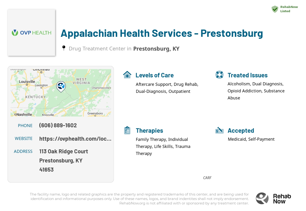 Helpful reference information for Appalachian Health Services - Prestonsburg, a drug treatment center in Kentucky located at: 113 Oak Ridge Court, Prestonsburg, KY, 41653, including phone numbers, official website, and more. Listed briefly is an overview of Levels of Care, Therapies Offered, Issues Treated, and accepted forms of Payment Methods.