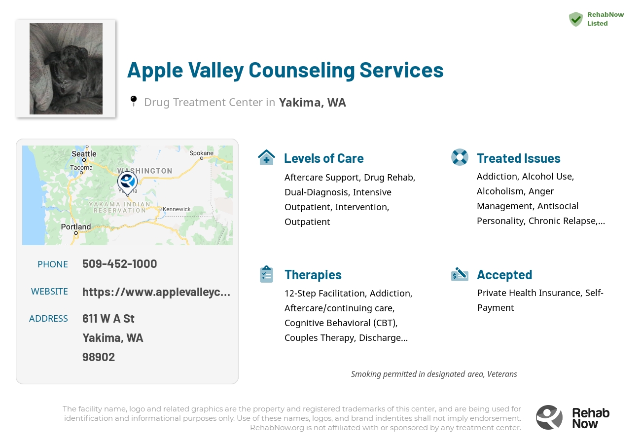 Helpful reference information for Apple Valley Counseling Services, a drug treatment center in Washington located at: 611 W A St, Yakima, WA 98902, including phone numbers, official website, and more. Listed briefly is an overview of Levels of Care, Therapies Offered, Issues Treated, and accepted forms of Payment Methods.