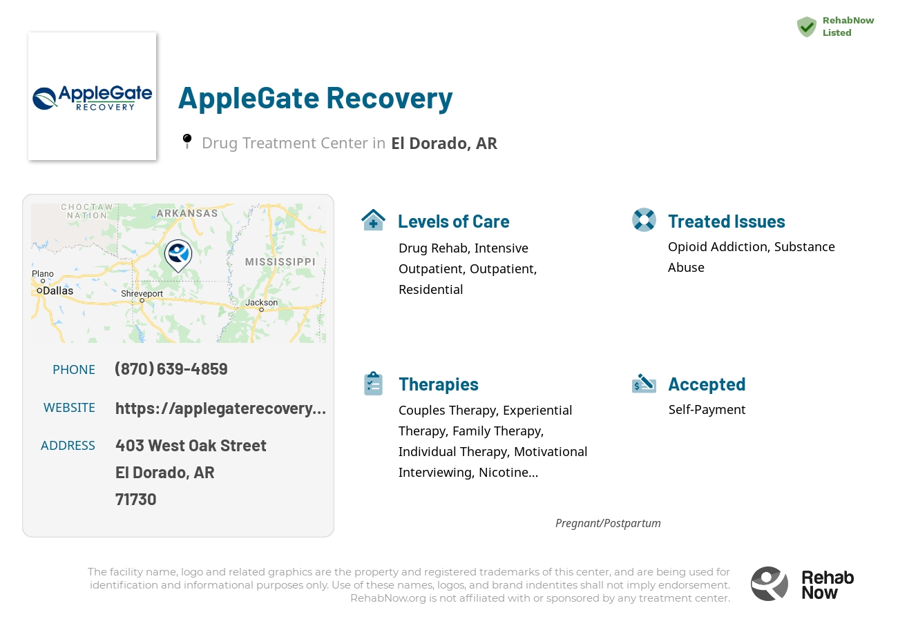 Helpful reference information for AppleGate Recovery, a drug treatment center in Arkansas located at: 403 West Oak Street, El Dorado, AR, 71730, including phone numbers, official website, and more. Listed briefly is an overview of Levels of Care, Therapies Offered, Issues Treated, and accepted forms of Payment Methods.