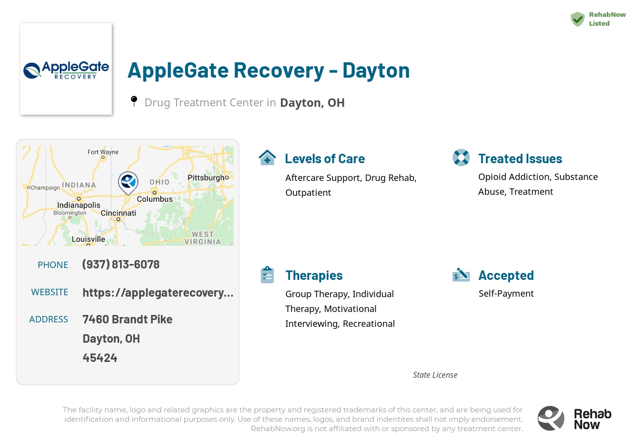 Helpful reference information for AppleGate Recovery - Dayton, a drug treatment center in Ohio located at: 7460 Brandt Pike, Dayton, OH 45424, including phone numbers, official website, and more. Listed briefly is an overview of Levels of Care, Therapies Offered, Issues Treated, and accepted forms of Payment Methods.