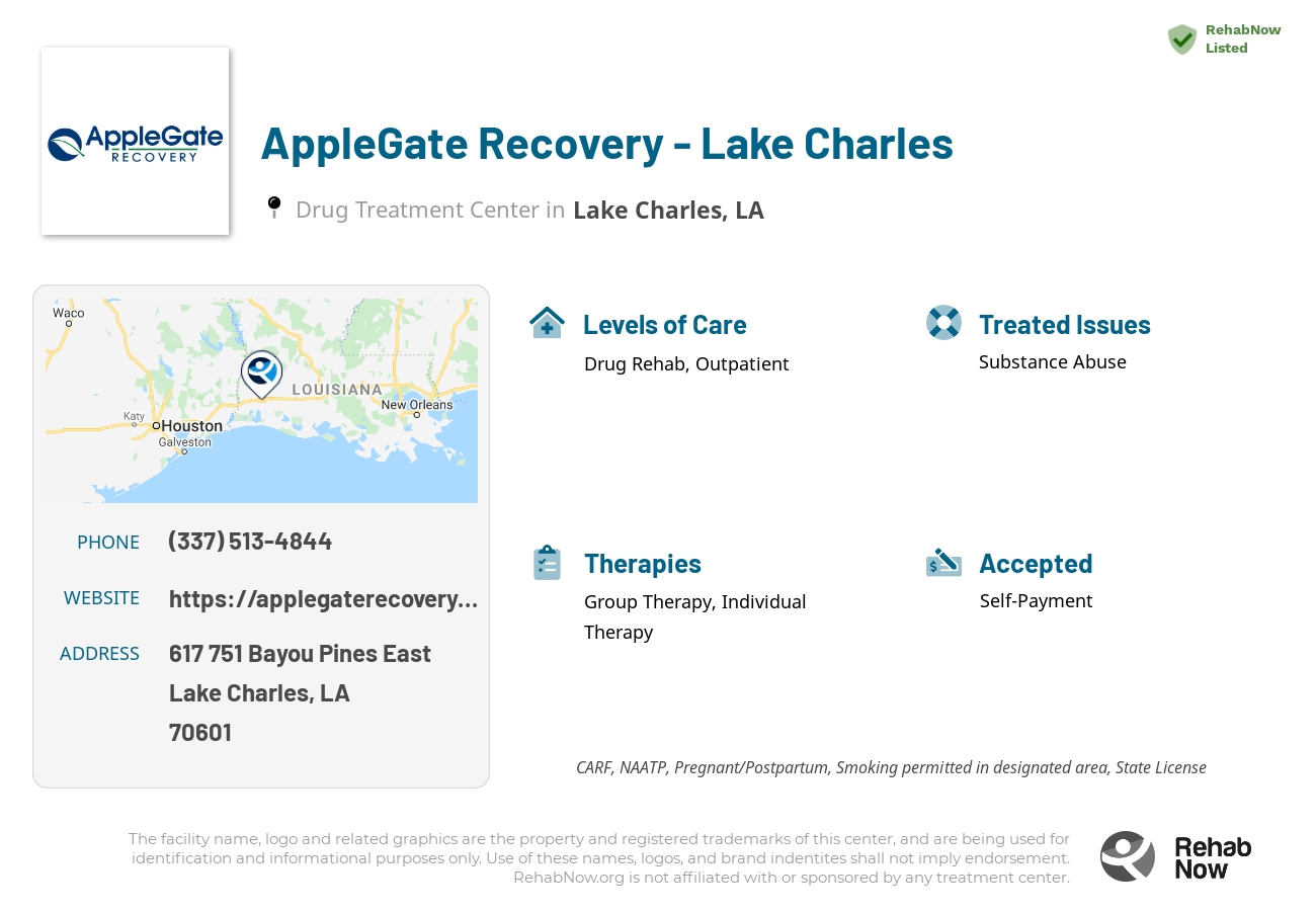 Helpful reference information for AppleGate Recovery - Lake Charles, a drug treatment center in Louisiana located at: 617 751 Bayou Pines East, Lake Charles, LA 70601, including phone numbers, official website, and more. Listed briefly is an overview of Levels of Care, Therapies Offered, Issues Treated, and accepted forms of Payment Methods.