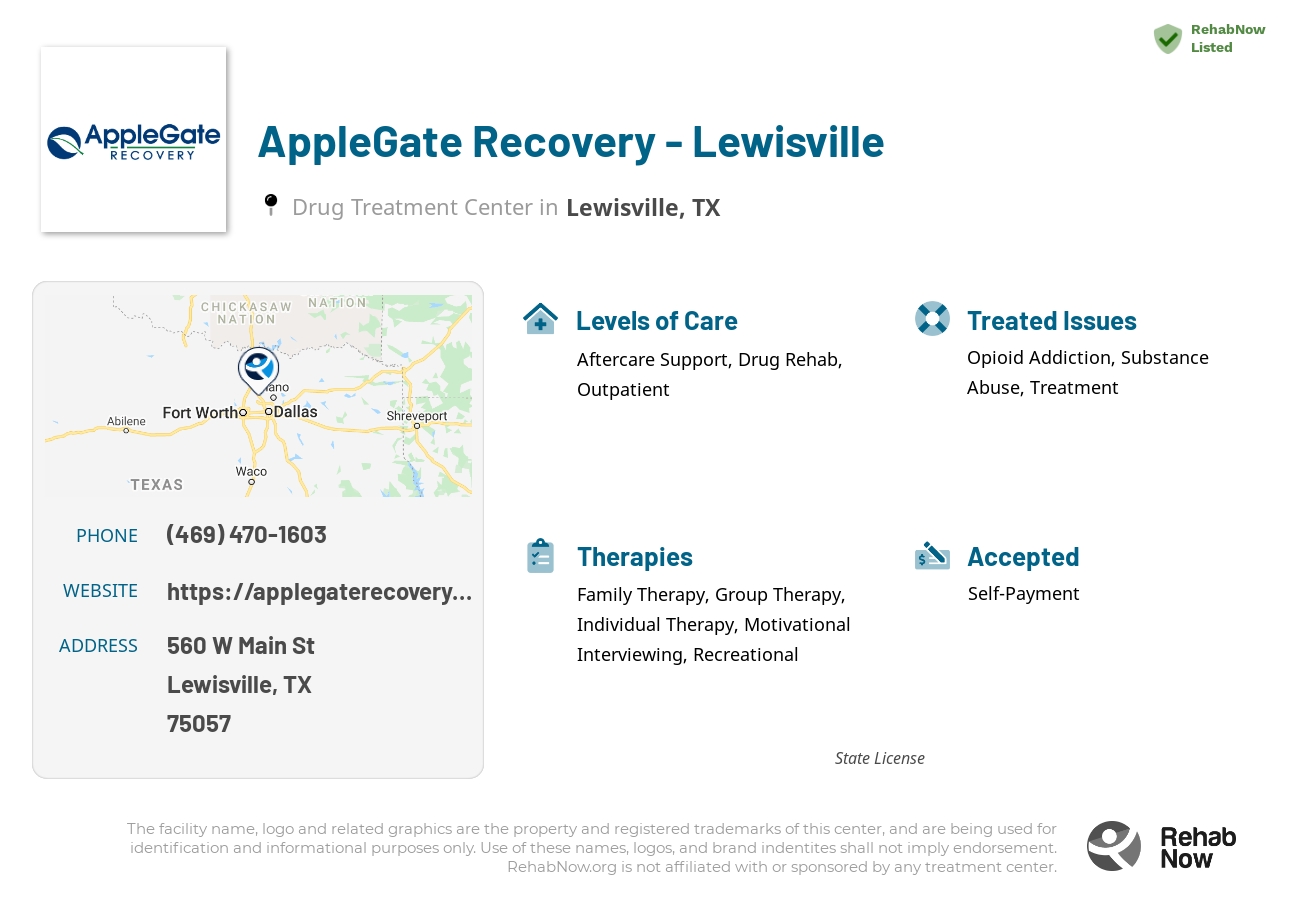 Helpful reference information for AppleGate Recovery - Lewisville, a drug treatment center in Texas located at: 560 W Main St, Lewisville, TX 75057, including phone numbers, official website, and more. Listed briefly is an overview of Levels of Care, Therapies Offered, Issues Treated, and accepted forms of Payment Methods.