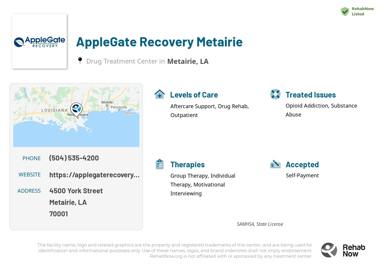 Helpful reference information for AppleGate Recovery Metairie, a drug treatment center in Louisiana located at: 4500 York Street, Suite 206, Metairie, LA, 70001, including phone numbers, official website, and more. Listed briefly is an overview of Levels of Care, Therapies Offered, Issues Treated, and accepted forms of Payment Methods.