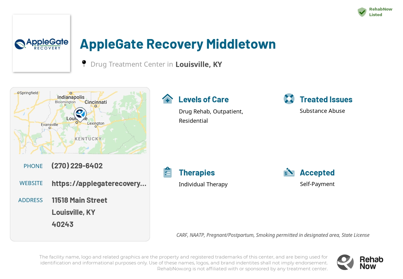 Helpful reference information for AppleGate Recovery Middletown, a drug treatment center in Kentucky located at: 11518 Main Street, Louisville, KY, 40243, including phone numbers, official website, and more. Listed briefly is an overview of Levels of Care, Therapies Offered, Issues Treated, and accepted forms of Payment Methods.