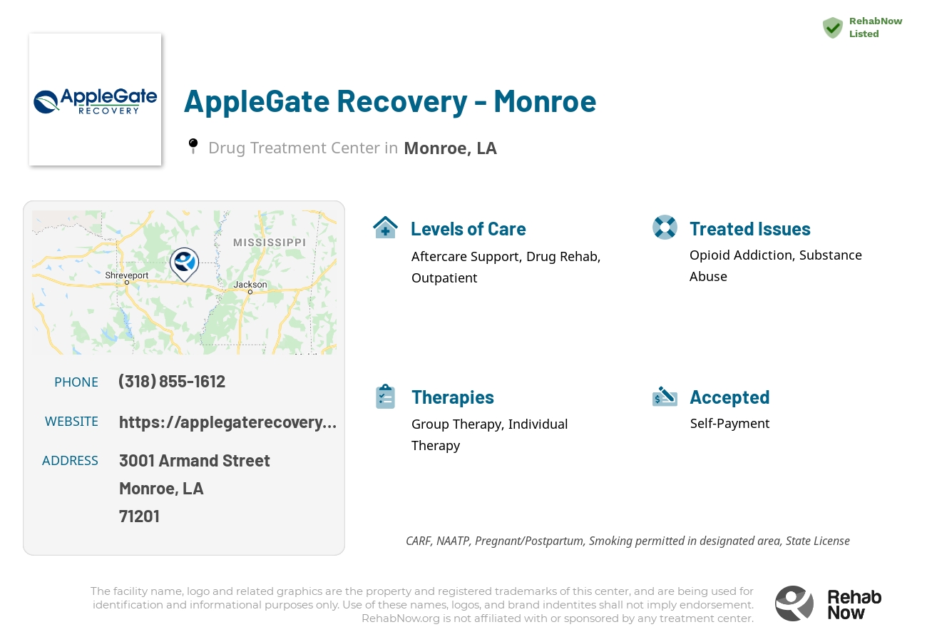 Helpful reference information for AppleGate Recovery - Monroe, a drug treatment center in Louisiana located at: 3001 3001 Armand Street, Monroe, LA 71201, including phone numbers, official website, and more. Listed briefly is an overview of Levels of Care, Therapies Offered, Issues Treated, and accepted forms of Payment Methods.