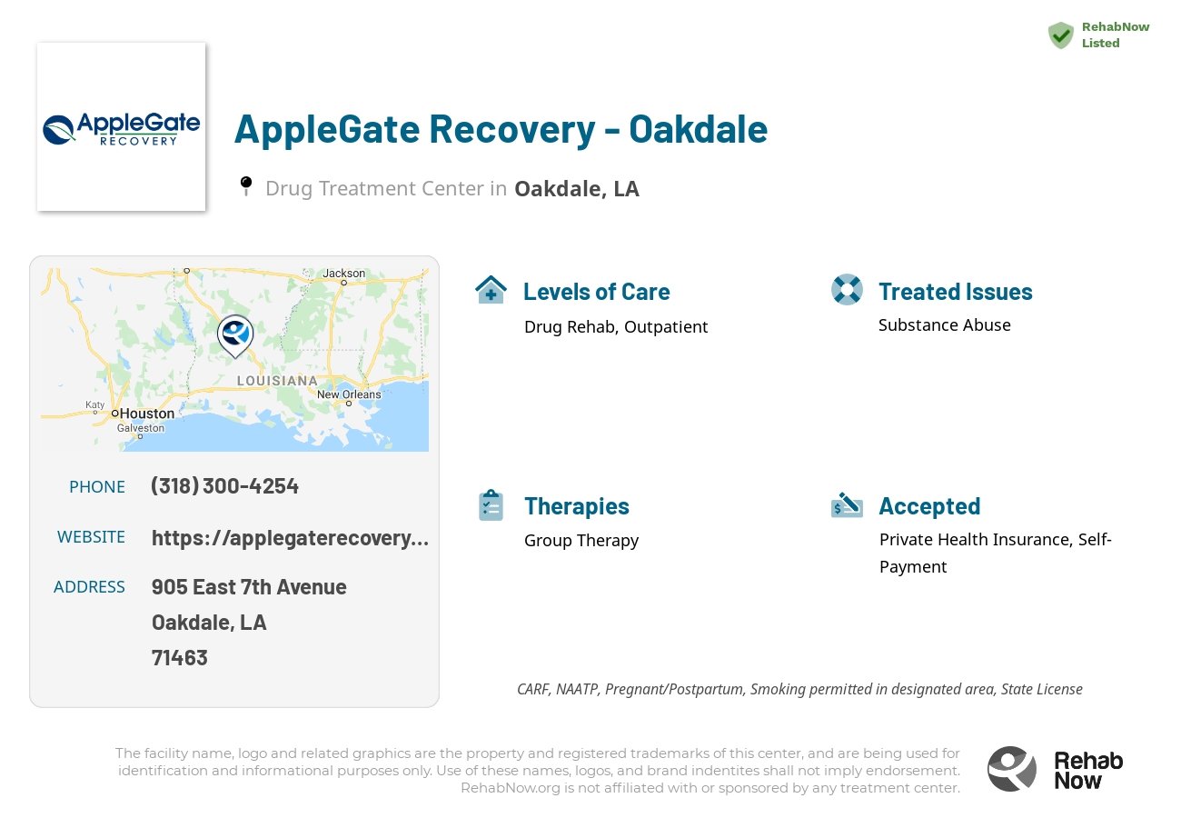Helpful reference information for AppleGate Recovery - Oakdale, a drug treatment center in Louisiana located at: 905 905 East 7th Avenue, Oakdale, LA 71463, including phone numbers, official website, and more. Listed briefly is an overview of Levels of Care, Therapies Offered, Issues Treated, and accepted forms of Payment Methods.