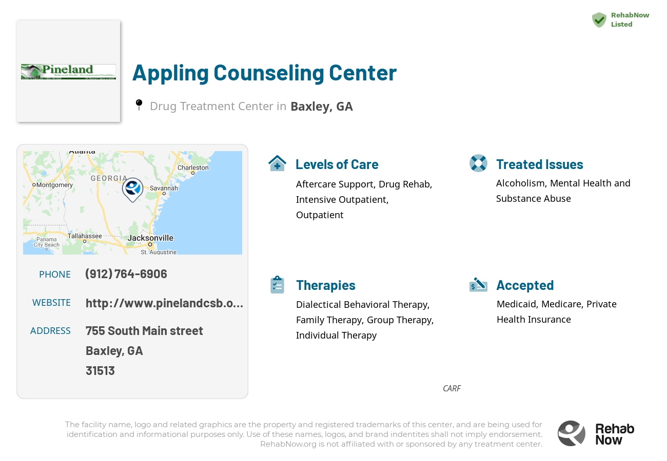 Helpful reference information for Appling Counseling Center, a drug treatment center in Georgia located at: 755 755 South Main street, Baxley, GA 31513, including phone numbers, official website, and more. Listed briefly is an overview of Levels of Care, Therapies Offered, Issues Treated, and accepted forms of Payment Methods.