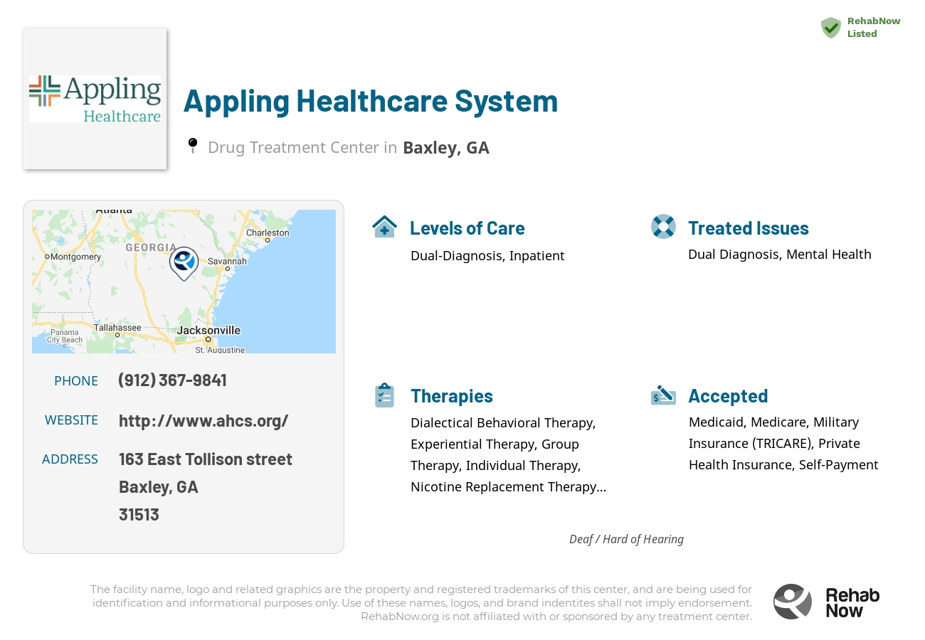 Helpful reference information for Appling Healthcare System, a drug treatment center in Georgia located at: 163 163 East Tollison street, Baxley, GA 31513, including phone numbers, official website, and more. Listed briefly is an overview of Levels of Care, Therapies Offered, Issues Treated, and accepted forms of Payment Methods.