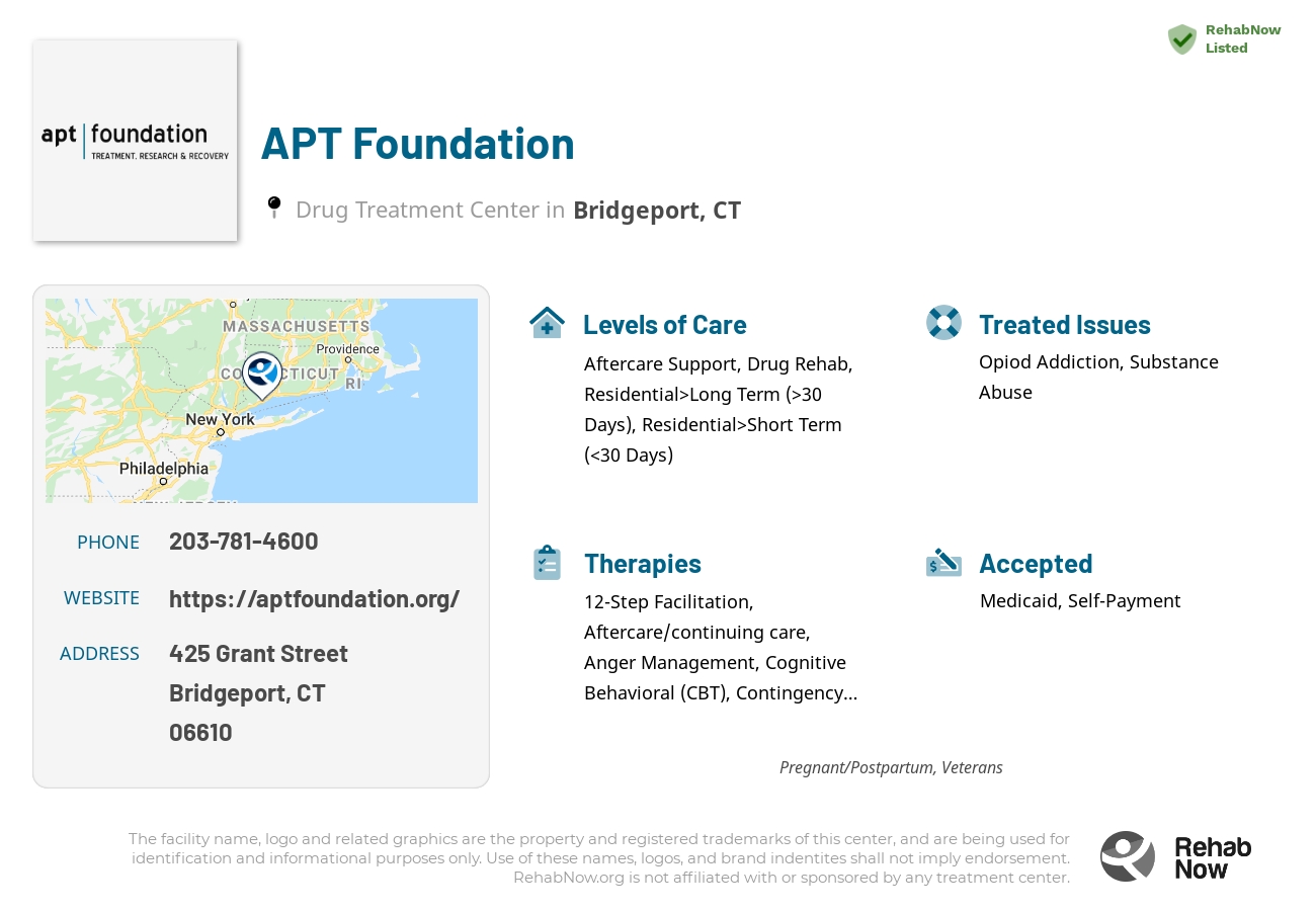 Helpful reference information for APT Foundation, a drug treatment center in Connecticut located at: 425 Grant Street, Bridgeport, CT 06610, including phone numbers, official website, and more. Listed briefly is an overview of Levels of Care, Therapies Offered, Issues Treated, and accepted forms of Payment Methods.