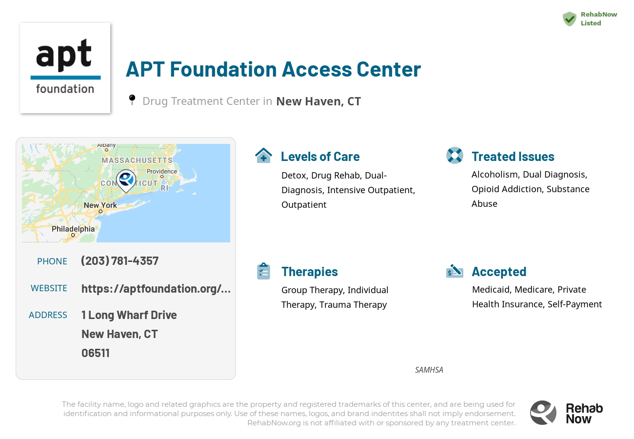 Helpful reference information for APT Foundation Access Center, a drug treatment center in Connecticut located at: 1 Long Wharf Drive, New Haven, CT, 06511, including phone numbers, official website, and more. Listed briefly is an overview of Levels of Care, Therapies Offered, Issues Treated, and accepted forms of Payment Methods.