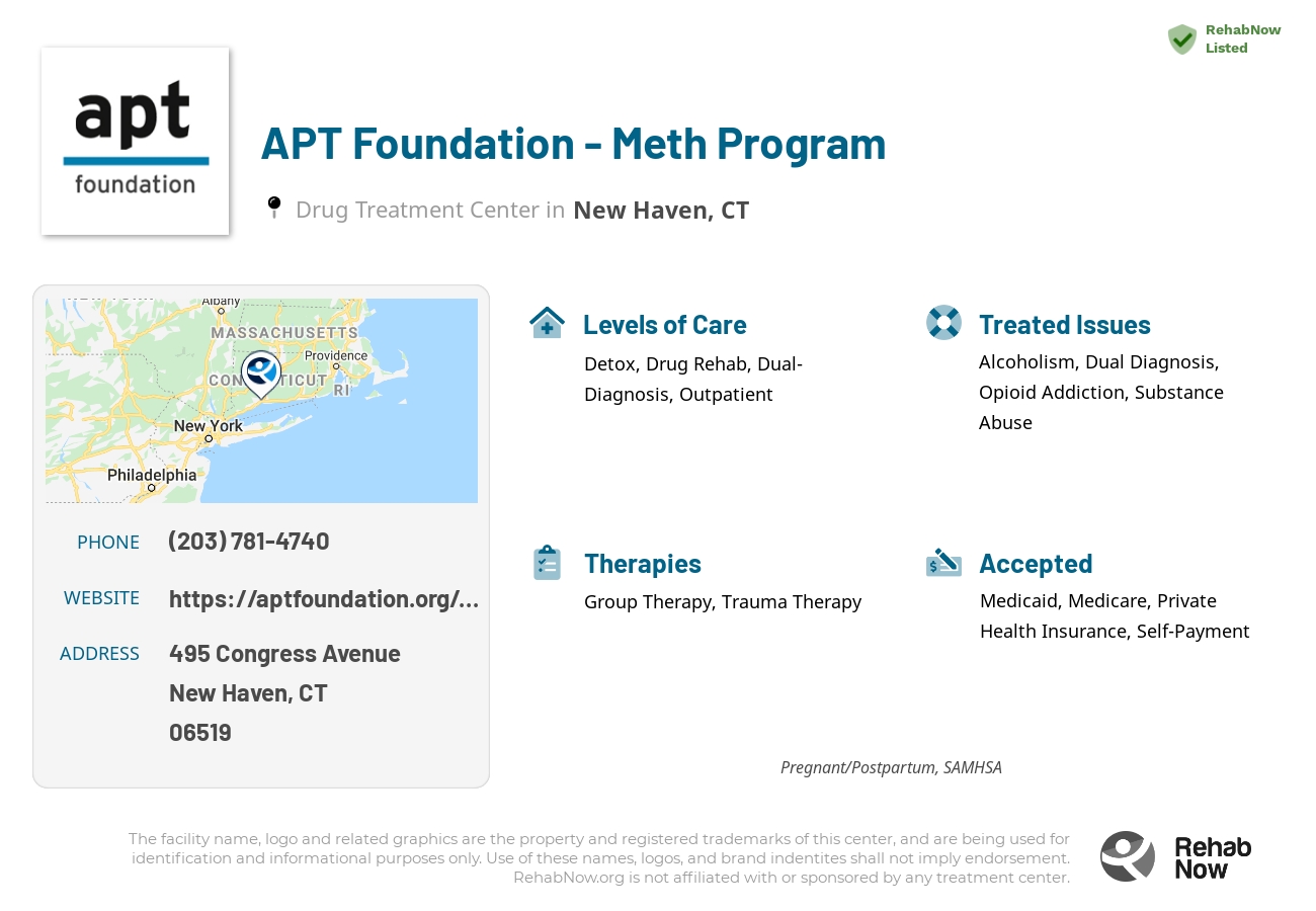 Helpful reference information for APT Foundation - Meth Program, a drug treatment center in Connecticut located at: 495 Congress Avenue, New Haven, CT, 06519, including phone numbers, official website, and more. Listed briefly is an overview of Levels of Care, Therapies Offered, Issues Treated, and accepted forms of Payment Methods.