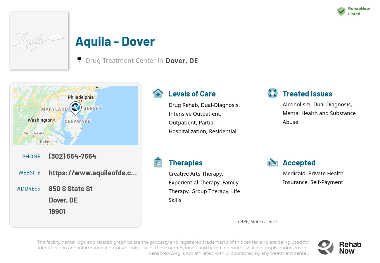 Helpful reference information for Aquila - Dover, a drug treatment center in Delaware located at: 850 S State St. Suite 1, Dover, DE, 19901, including phone numbers, official website, and more. Listed briefly is an overview of Levels of Care, Therapies Offered, Issues Treated, and accepted forms of Payment Methods.