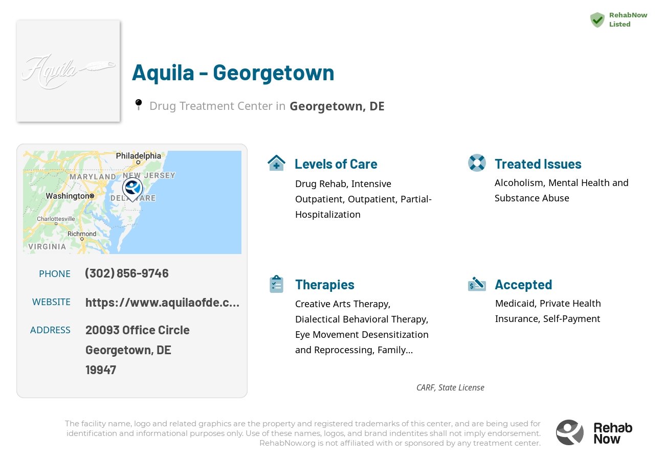 Helpful reference information for Aquila - Georgetown, a drug treatment center in Delaware located at: 20093 Office Circle, Georgetown, DE, 19947, including phone numbers, official website, and more. Listed briefly is an overview of Levels of Care, Therapies Offered, Issues Treated, and accepted forms of Payment Methods.