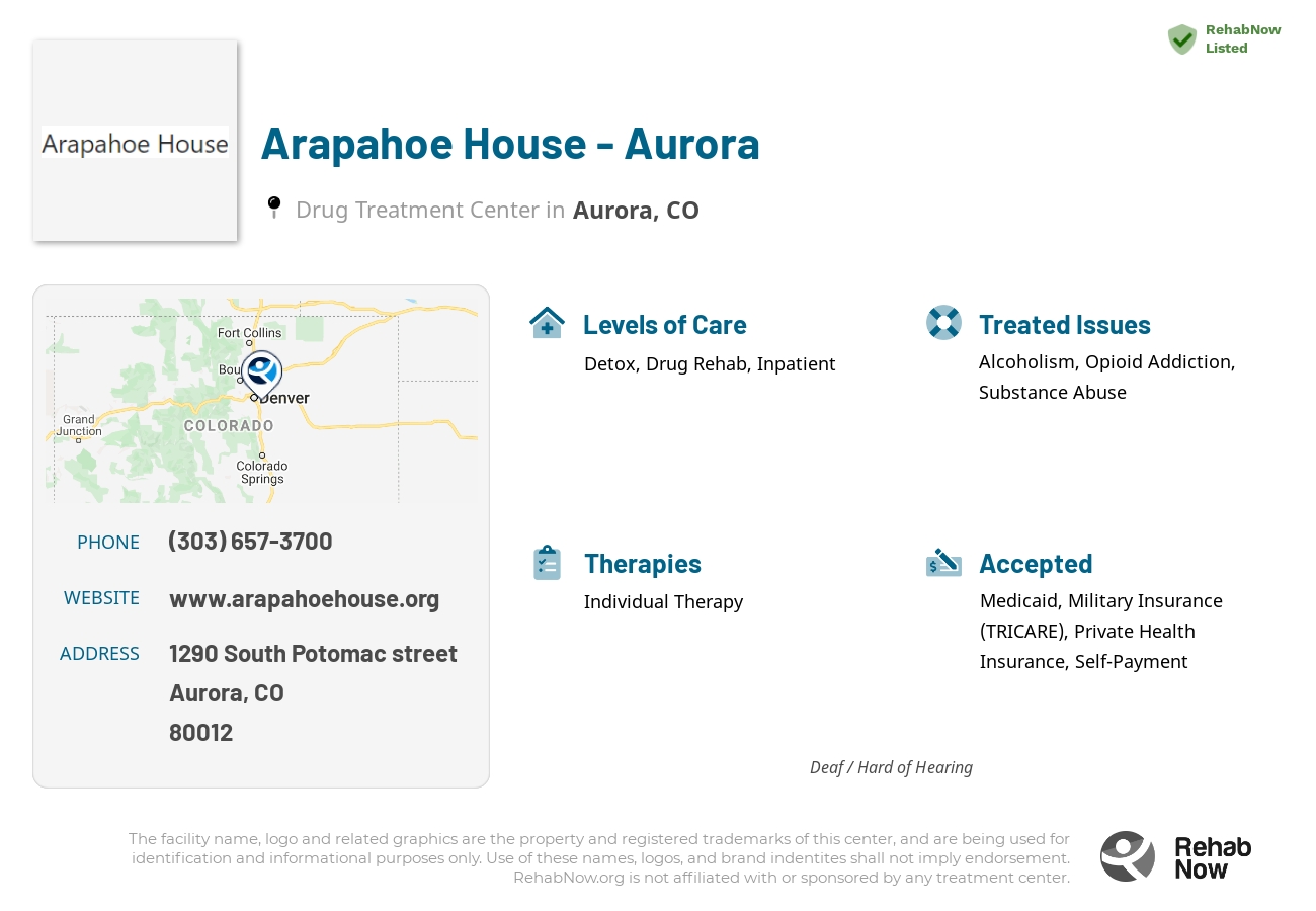 Helpful reference information for Arapahoe House - Aurora, a drug treatment center in Colorado located at: 1290 South Potomac street, Aurora, CO, 80012, including phone numbers, official website, and more. Listed briefly is an overview of Levels of Care, Therapies Offered, Issues Treated, and accepted forms of Payment Methods.