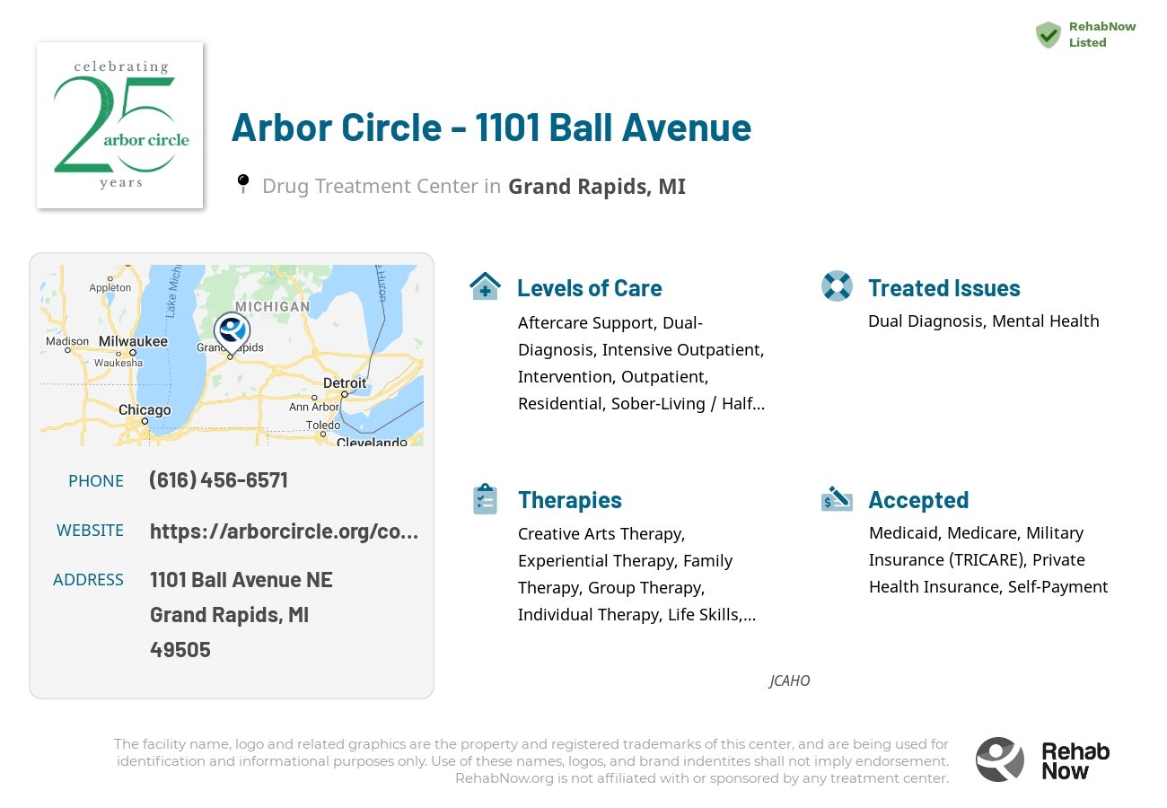 Helpful reference information for Arbor Circle - 1101 Ball Avenue, a drug treatment center in Michigan located at: 1101 Ball Avenue NE, Grand Rapids, MI, 49505, including phone numbers, official website, and more. Listed briefly is an overview of Levels of Care, Therapies Offered, Issues Treated, and accepted forms of Payment Methods.