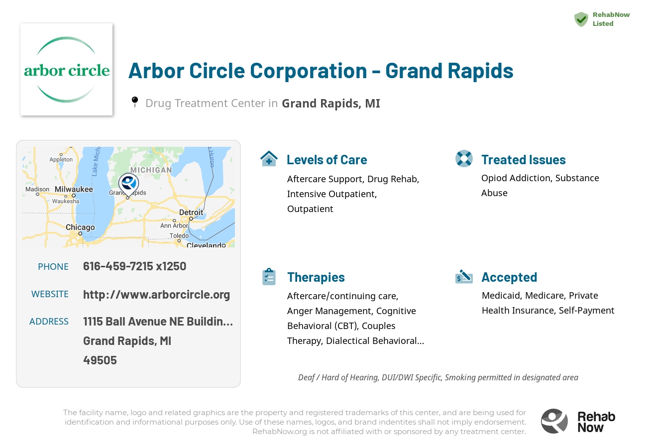 Helpful reference information for Arbor Circle Corporation - Grand Rapids, a drug treatment center in Michigan located at: 1115 Ball Avenue NE Building C, Grand Rapids, MI 49505, including phone numbers, official website, and more. Listed briefly is an overview of Levels of Care, Therapies Offered, Issues Treated, and accepted forms of Payment Methods.