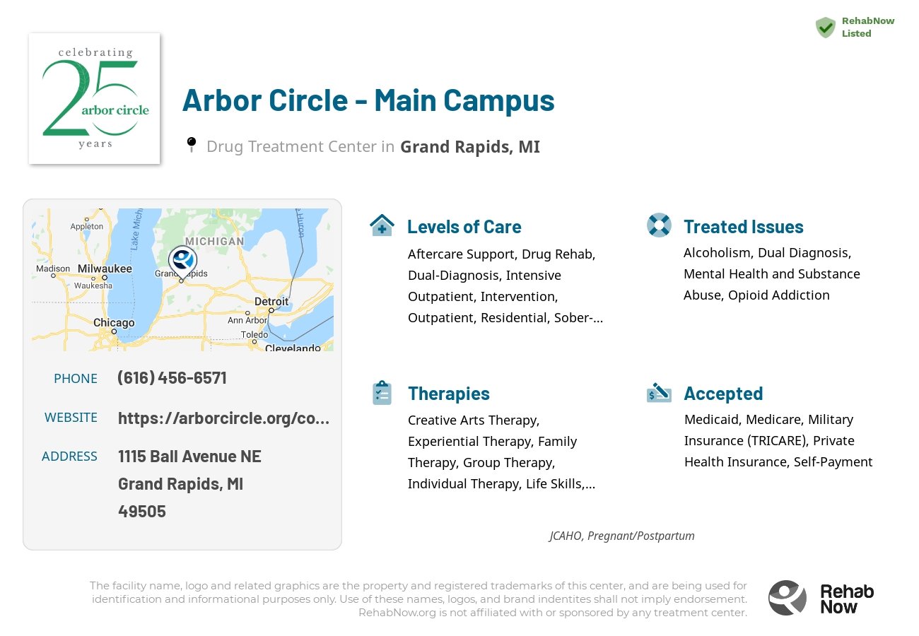 Helpful reference information for Arbor Circle - Main Campus, a drug treatment center in Michigan located at: 1115 Ball Avenue NE, Grand Rapids, MI, 49505, including phone numbers, official website, and more. Listed briefly is an overview of Levels of Care, Therapies Offered, Issues Treated, and accepted forms of Payment Methods.