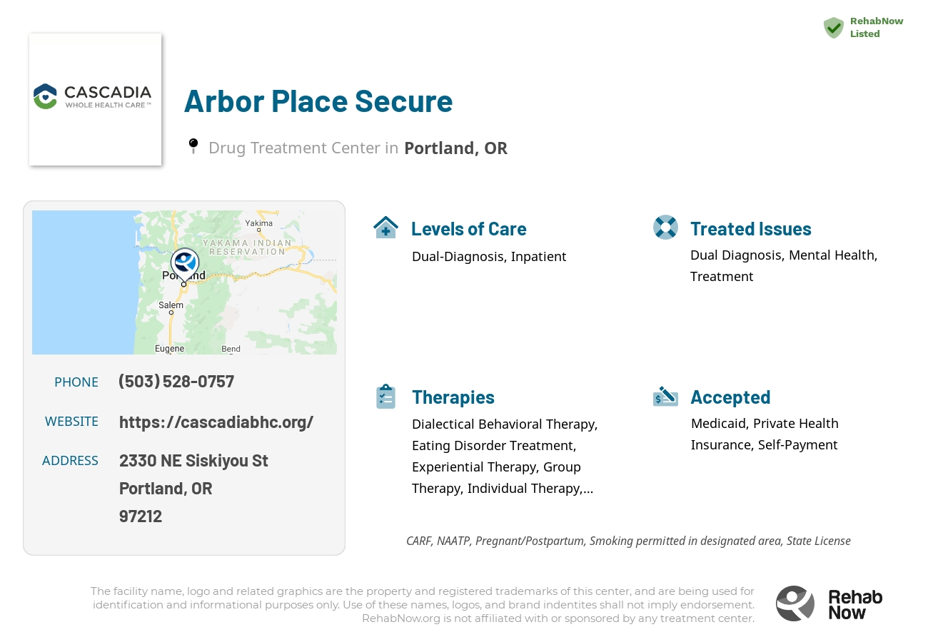 Helpful reference information for Arbor Place Secure, a drug treatment center in Oregon located at: 2330 NE Siskiyou St, Portland, OR 97212, including phone numbers, official website, and more. Listed briefly is an overview of Levels of Care, Therapies Offered, Issues Treated, and accepted forms of Payment Methods.