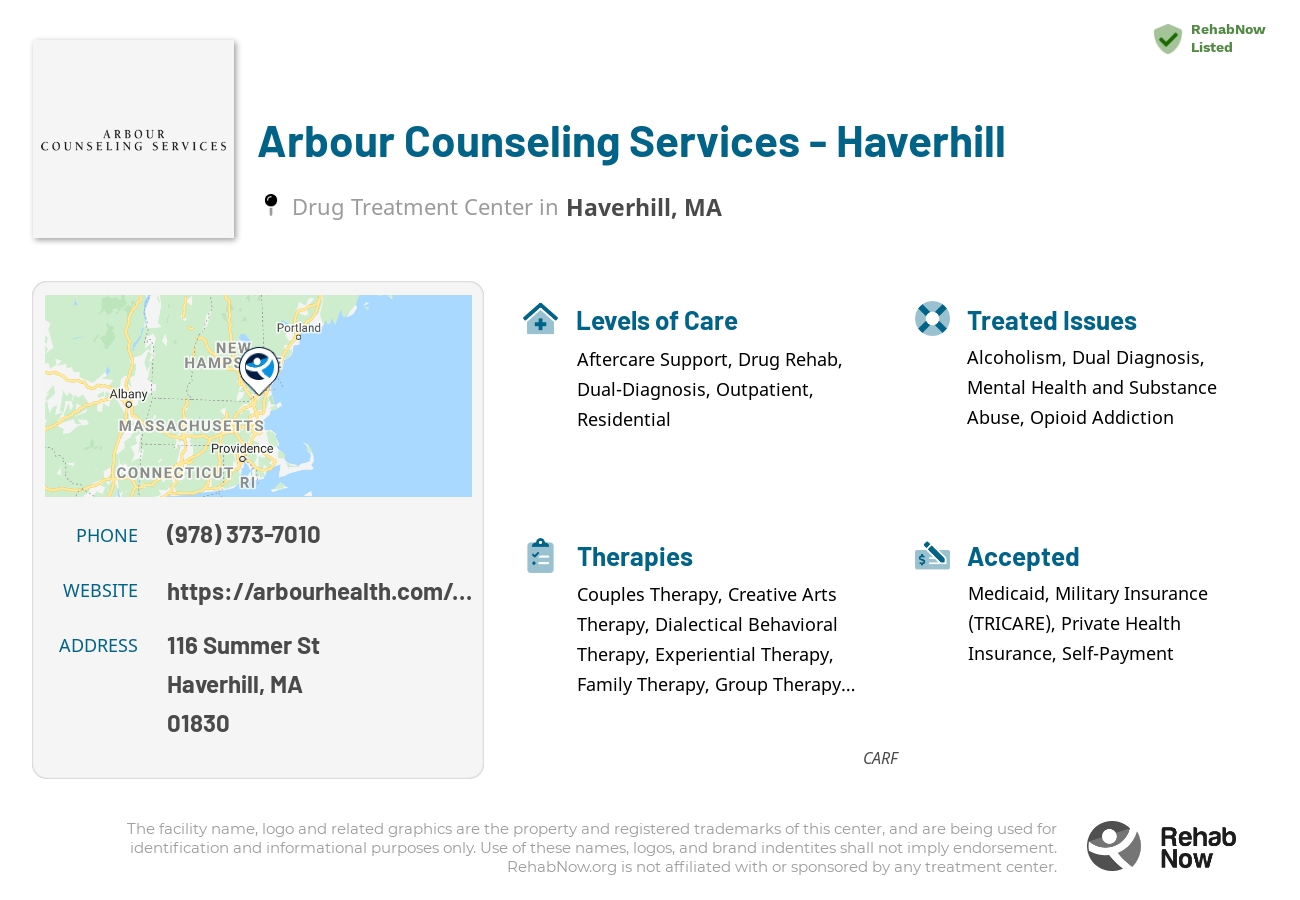 Helpful reference information for Arbour Counseling Services - Haverhill, a drug treatment center in Massachusetts located at: 116 Summer St, Haverhill, MA 01830, including phone numbers, official website, and more. Listed briefly is an overview of Levels of Care, Therapies Offered, Issues Treated, and accepted forms of Payment Methods.