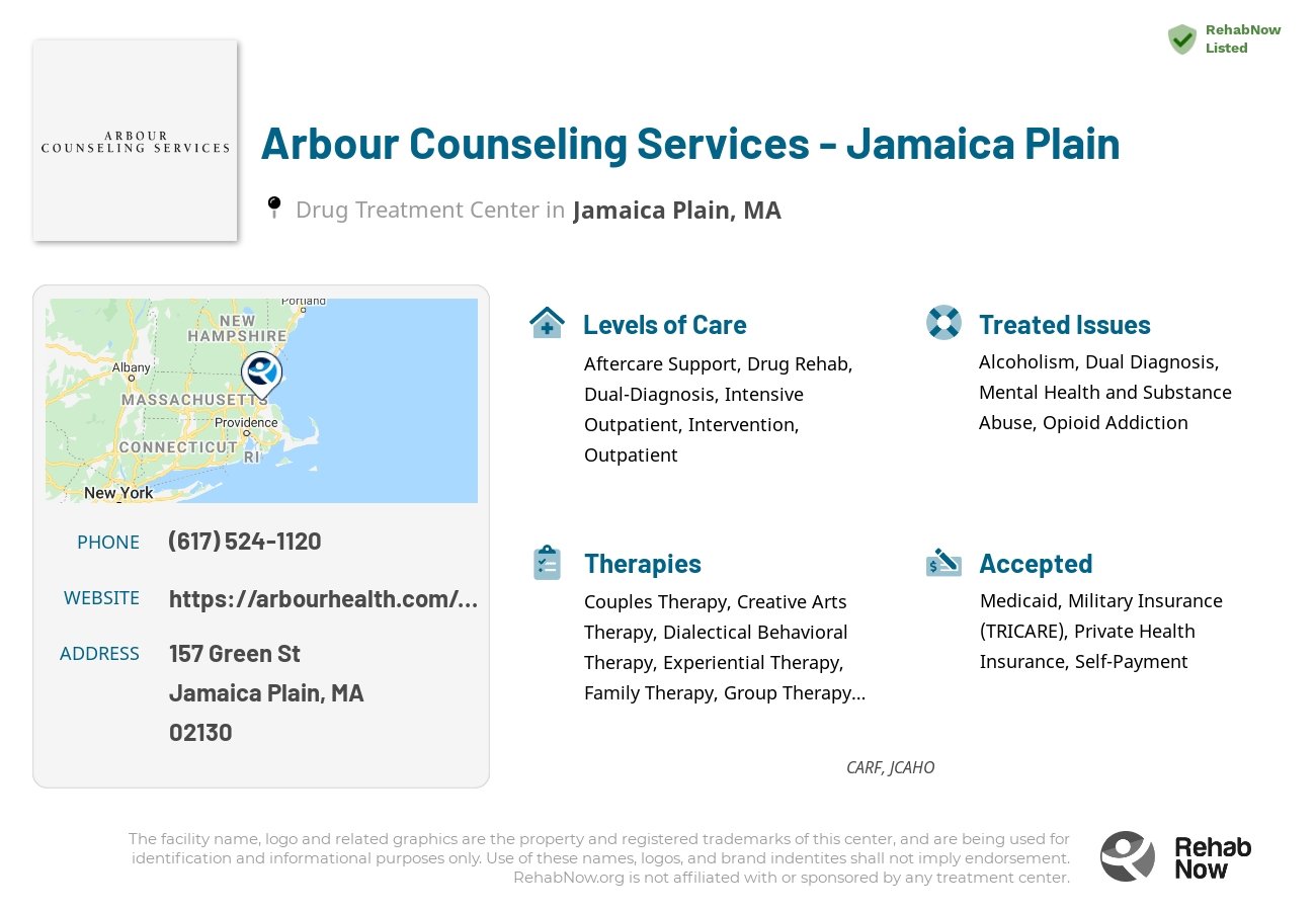 Helpful reference information for Arbour Counseling Services - Jamaica Plain, a drug treatment center in Massachusetts located at: 157 Green St, Jamaica Plain, MA 02130, including phone numbers, official website, and more. Listed briefly is an overview of Levels of Care, Therapies Offered, Issues Treated, and accepted forms of Payment Methods.