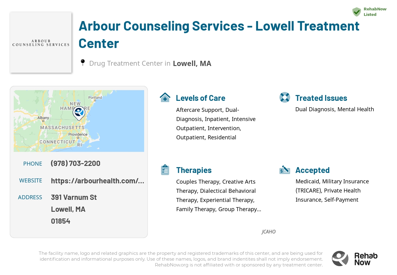 Helpful reference information for Arbour Counseling Services - Lowell Treatment Center, a drug treatment center in Massachusetts located at: 391 Varnum St, Lowell, MA 01854, including phone numbers, official website, and more. Listed briefly is an overview of Levels of Care, Therapies Offered, Issues Treated, and accepted forms of Payment Methods.