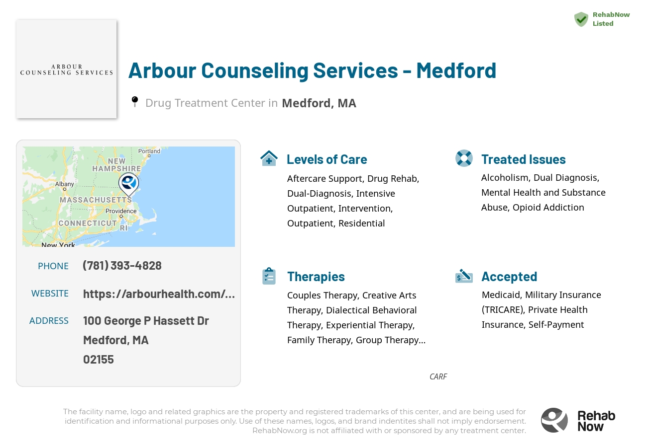 Helpful reference information for Arbour Counseling Services - Medford, a drug treatment center in Massachusetts located at: 100 George P Hassett Dr, Medford, MA 02155, including phone numbers, official website, and more. Listed briefly is an overview of Levels of Care, Therapies Offered, Issues Treated, and accepted forms of Payment Methods.