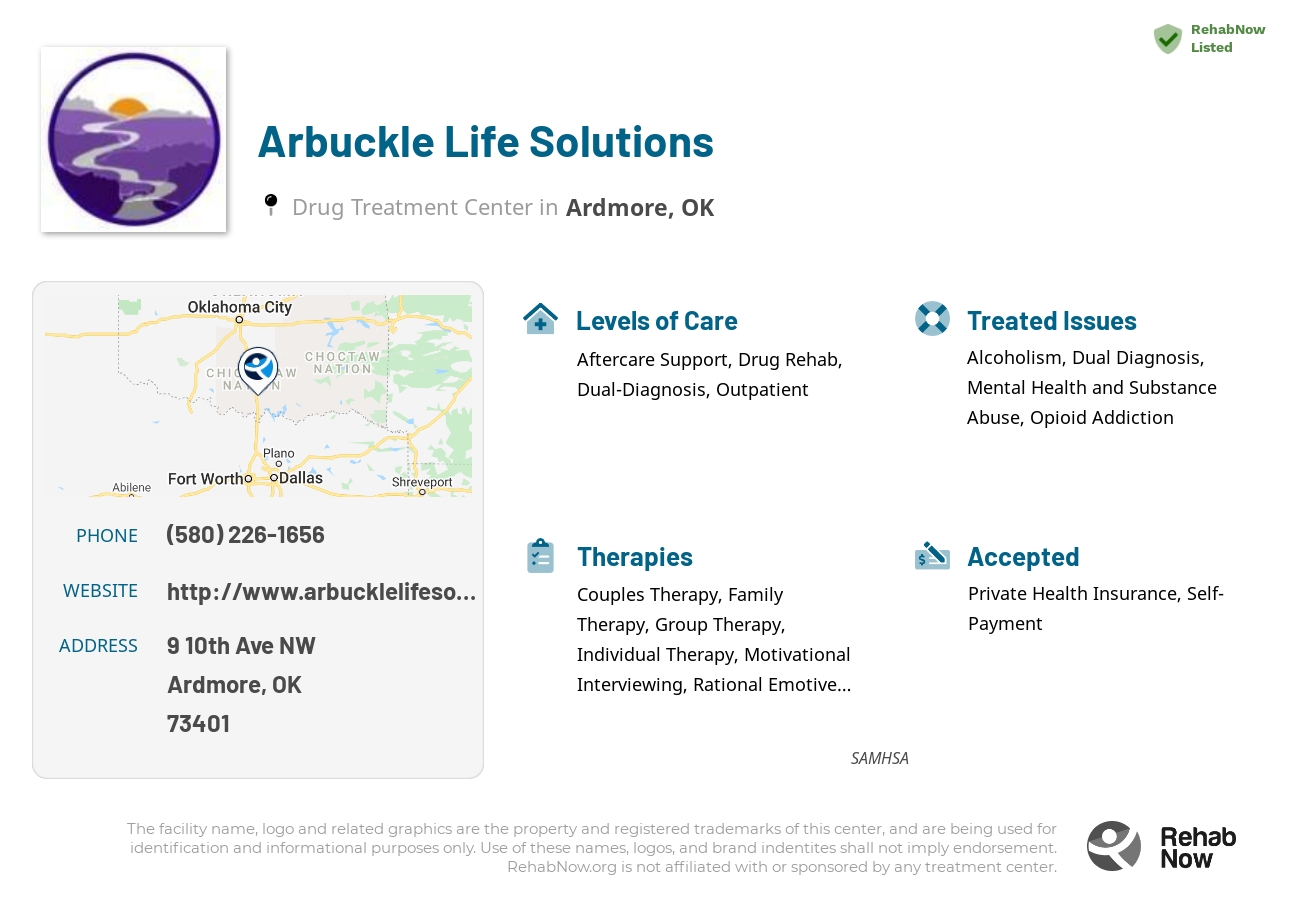 Helpful reference information for Arbuckle Life Solutions, a drug treatment center in Oklahoma located at: 9 10th Ave NW, Ardmore, OK 73401, including phone numbers, official website, and more. Listed briefly is an overview of Levels of Care, Therapies Offered, Issues Treated, and accepted forms of Payment Methods.