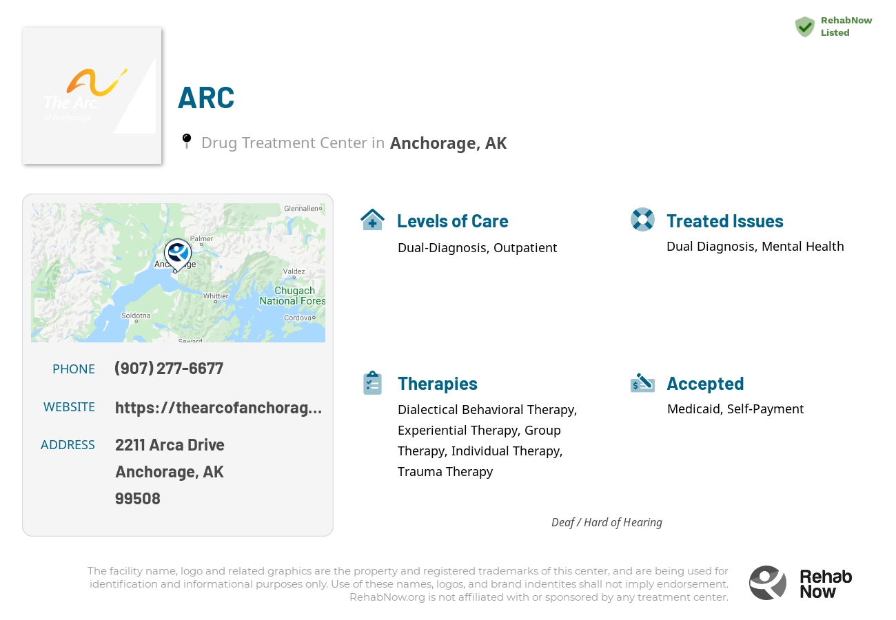 Helpful reference information for ARC, a drug treatment center in Alaska located at: 2211 Arca Drive, Anchorage, AK, 99508, including phone numbers, official website, and more. Listed briefly is an overview of Levels of Care, Therapies Offered, Issues Treated, and accepted forms of Payment Methods.