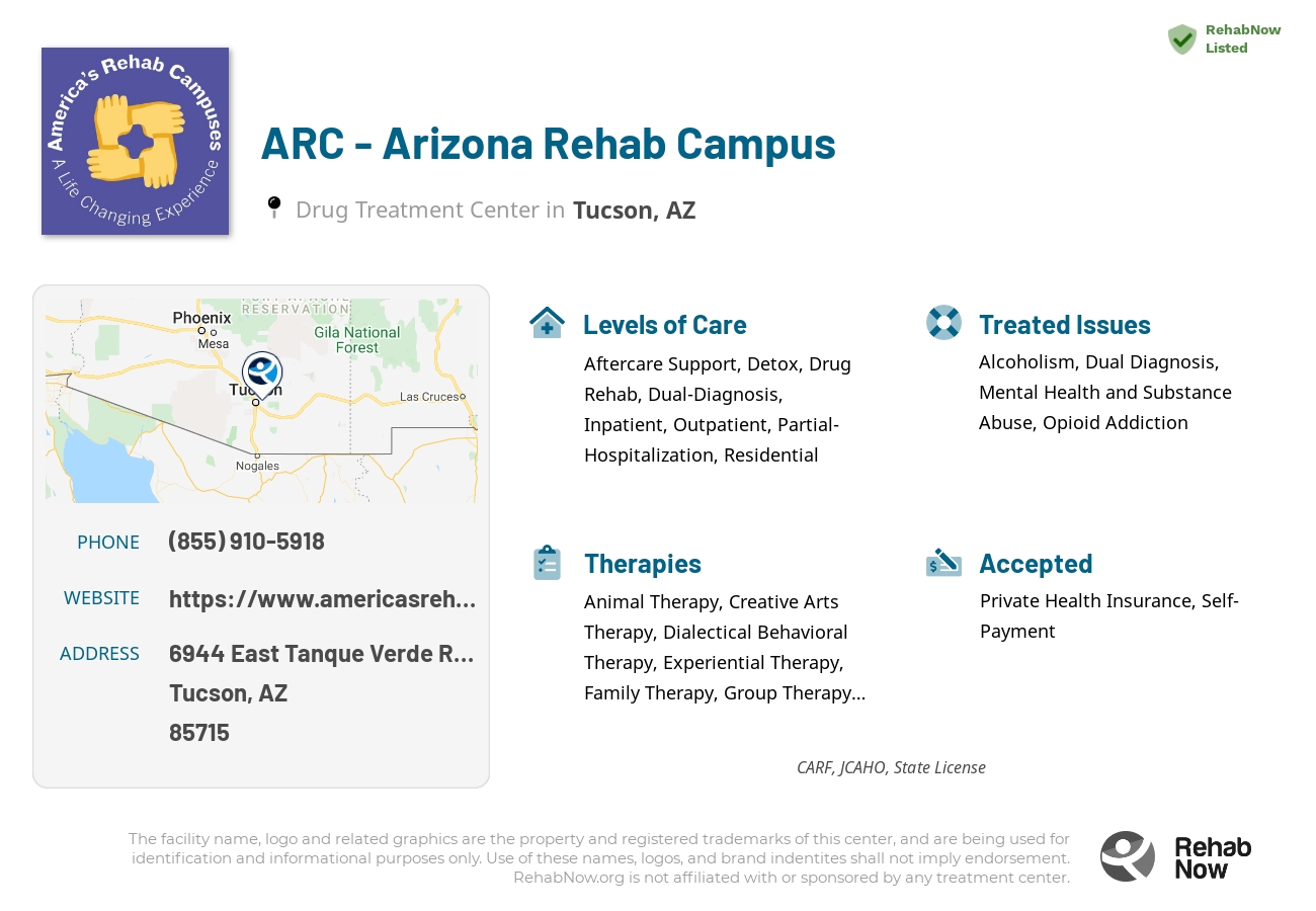 Helpful reference information for ARC - Arizona Rehab Campus, a drug treatment center in Arizona located at: 6944 East Tanque Verde Road, Tucson, AZ, 85715, including phone numbers, official website, and more. Listed briefly is an overview of Levels of Care, Therapies Offered, Issues Treated, and accepted forms of Payment Methods.