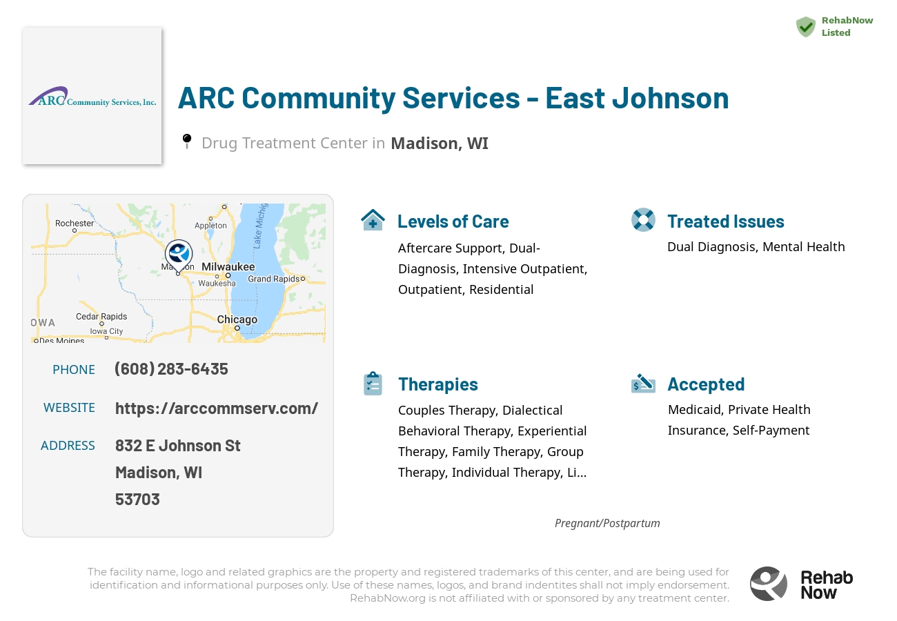 Helpful reference information for ARC Community Services - East Johnson, a drug treatment center in Wisconsin located at: 832 E Johnson St, Madison, WI 53703, including phone numbers, official website, and more. Listed briefly is an overview of Levels of Care, Therapies Offered, Issues Treated, and accepted forms of Payment Methods.