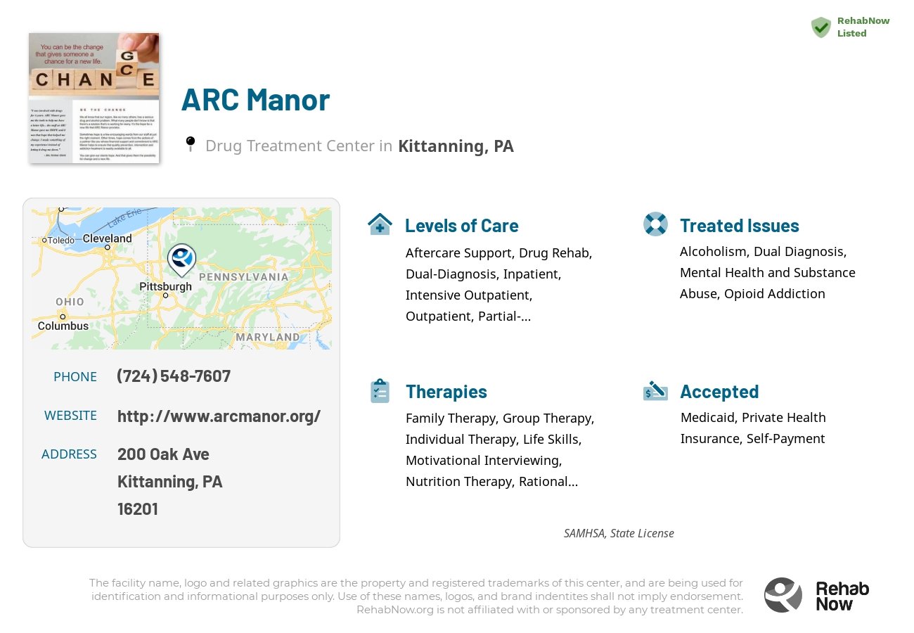 Helpful reference information for ARC Manor, a drug treatment center in Pennsylvania located at: 200 Oak Ave, Kittanning, PA 16201, including phone numbers, official website, and more. Listed briefly is an overview of Levels of Care, Therapies Offered, Issues Treated, and accepted forms of Payment Methods.