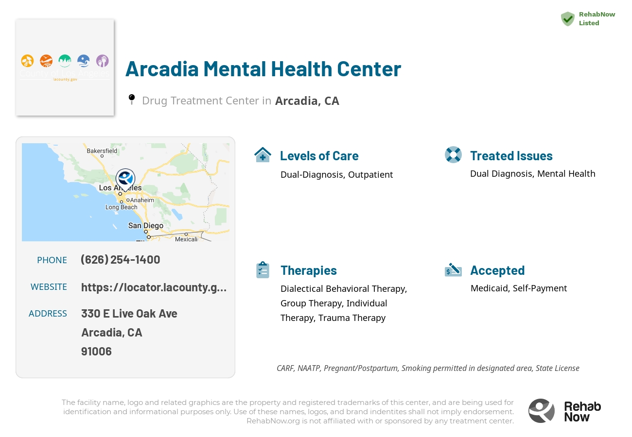 Helpful reference information for Arcadia Mental Health Center, a drug treatment center in California located at: 330 E Live Oak Ave, Arcadia, CA 91006, including phone numbers, official website, and more. Listed briefly is an overview of Levels of Care, Therapies Offered, Issues Treated, and accepted forms of Payment Methods.