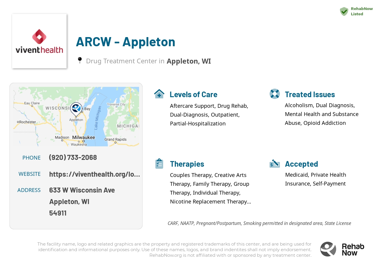 Helpful reference information for ARCW - Appleton, a drug treatment center in Wisconsin located at: 633 W Wisconsin Ave, Appleton, WI 54911, including phone numbers, official website, and more. Listed briefly is an overview of Levels of Care, Therapies Offered, Issues Treated, and accepted forms of Payment Methods.