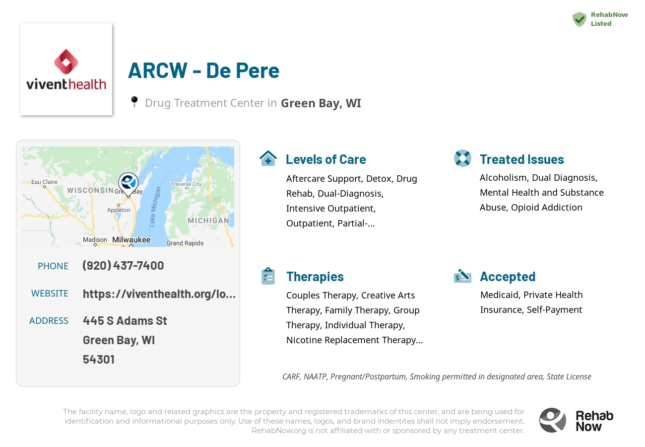 Helpful reference information for ARCW - De Pere, a drug treatment center in Wisconsin located at: 445 S Adams St, Green Bay, WI 54301, including phone numbers, official website, and more. Listed briefly is an overview of Levels of Care, Therapies Offered, Issues Treated, and accepted forms of Payment Methods.