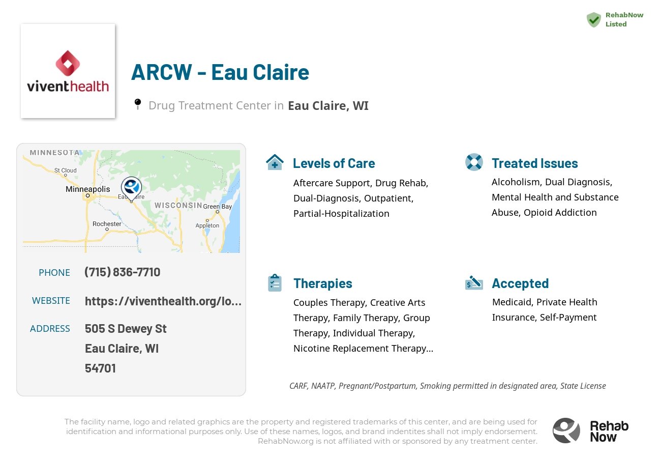 Helpful reference information for ARCW - Eau Claire, a drug treatment center in Wisconsin located at: 505 S Dewey St, Eau Claire, WI 54701, including phone numbers, official website, and more. Listed briefly is an overview of Levels of Care, Therapies Offered, Issues Treated, and accepted forms of Payment Methods.
