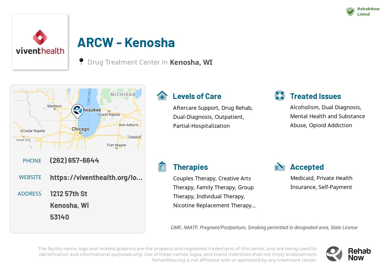 Helpful reference information for ARCW - Kenosha, a drug treatment center in Wisconsin located at: 1212 57th St, Kenosha, WI 53140, including phone numbers, official website, and more. Listed briefly is an overview of Levels of Care, Therapies Offered, Issues Treated, and accepted forms of Payment Methods.