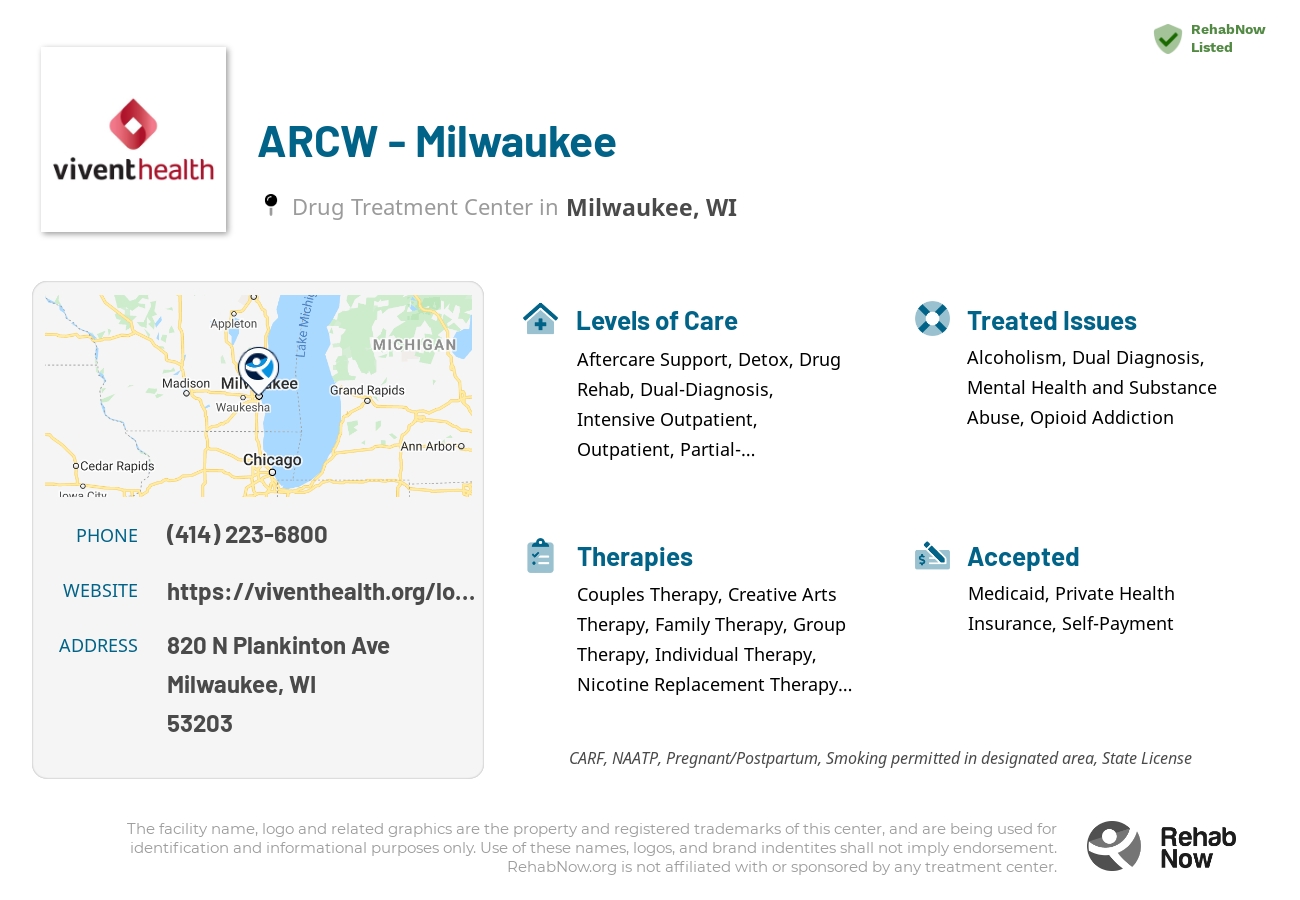Helpful reference information for ARCW - Milwaukee, a drug treatment center in Wisconsin located at: 820 N Plankinton Ave, Milwaukee, WI 53203, including phone numbers, official website, and more. Listed briefly is an overview of Levels of Care, Therapies Offered, Issues Treated, and accepted forms of Payment Methods.