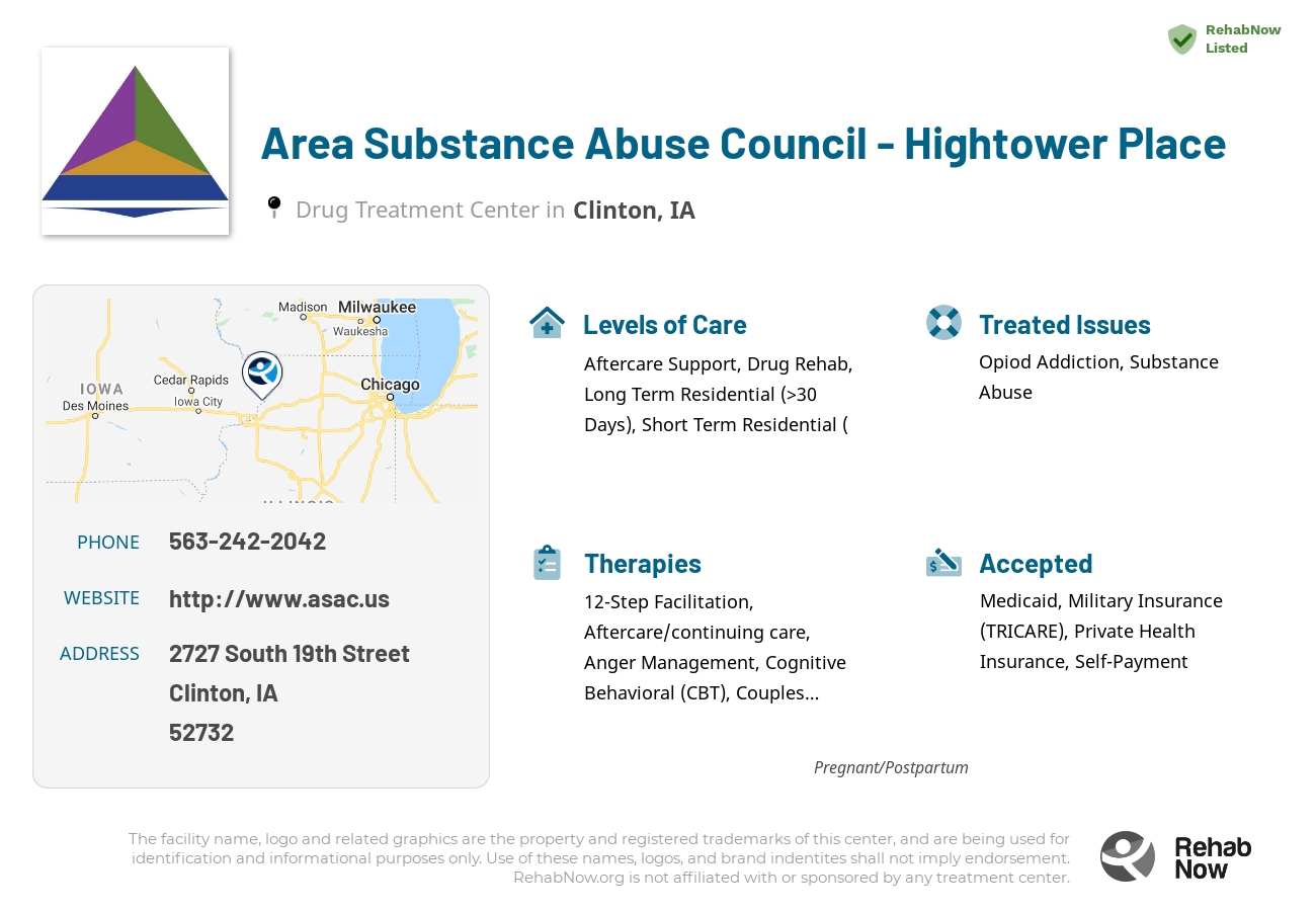 Helpful reference information for Area Substance Abuse Council - Hightower Place, a drug treatment center in Iowa located at: 2727 South 19th Street, Clinton, IA 52732, including phone numbers, official website, and more. Listed briefly is an overview of Levels of Care, Therapies Offered, Issues Treated, and accepted forms of Payment Methods.