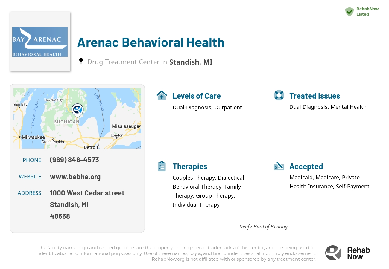 Helpful reference information for Arenac Behavioral Health, a drug treatment center in Michigan located at: 1000 1000 West Cedar street, Standish, MI 48658, including phone numbers, official website, and more. Listed briefly is an overview of Levels of Care, Therapies Offered, Issues Treated, and accepted forms of Payment Methods.