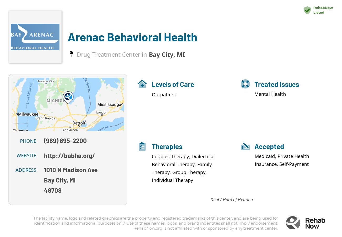 Helpful reference information for Arenac Behavioral Health, a drug treatment center in Michigan located at: 1010 N Madison Ave, Bay City, MI 48708, including phone numbers, official website, and more. Listed briefly is an overview of Levels of Care, Therapies Offered, Issues Treated, and accepted forms of Payment Methods.